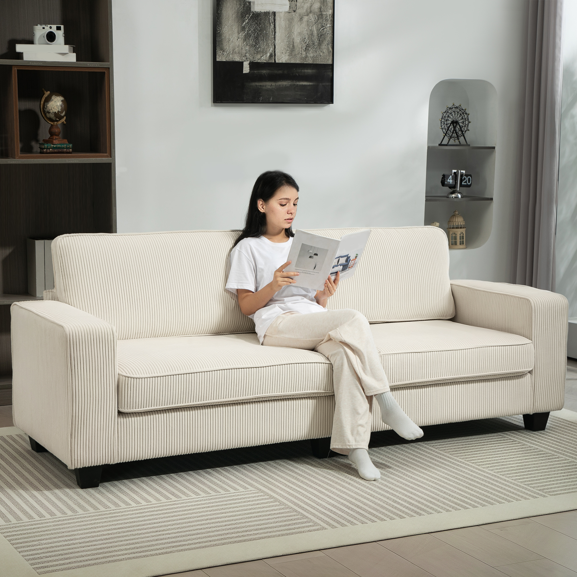 3-Sitzer Sofa mit Cordbezug, Wohnzimmersofa mit Federkern, bis 400 kg, 227 x 84 x 87 cm, Cremeweiß