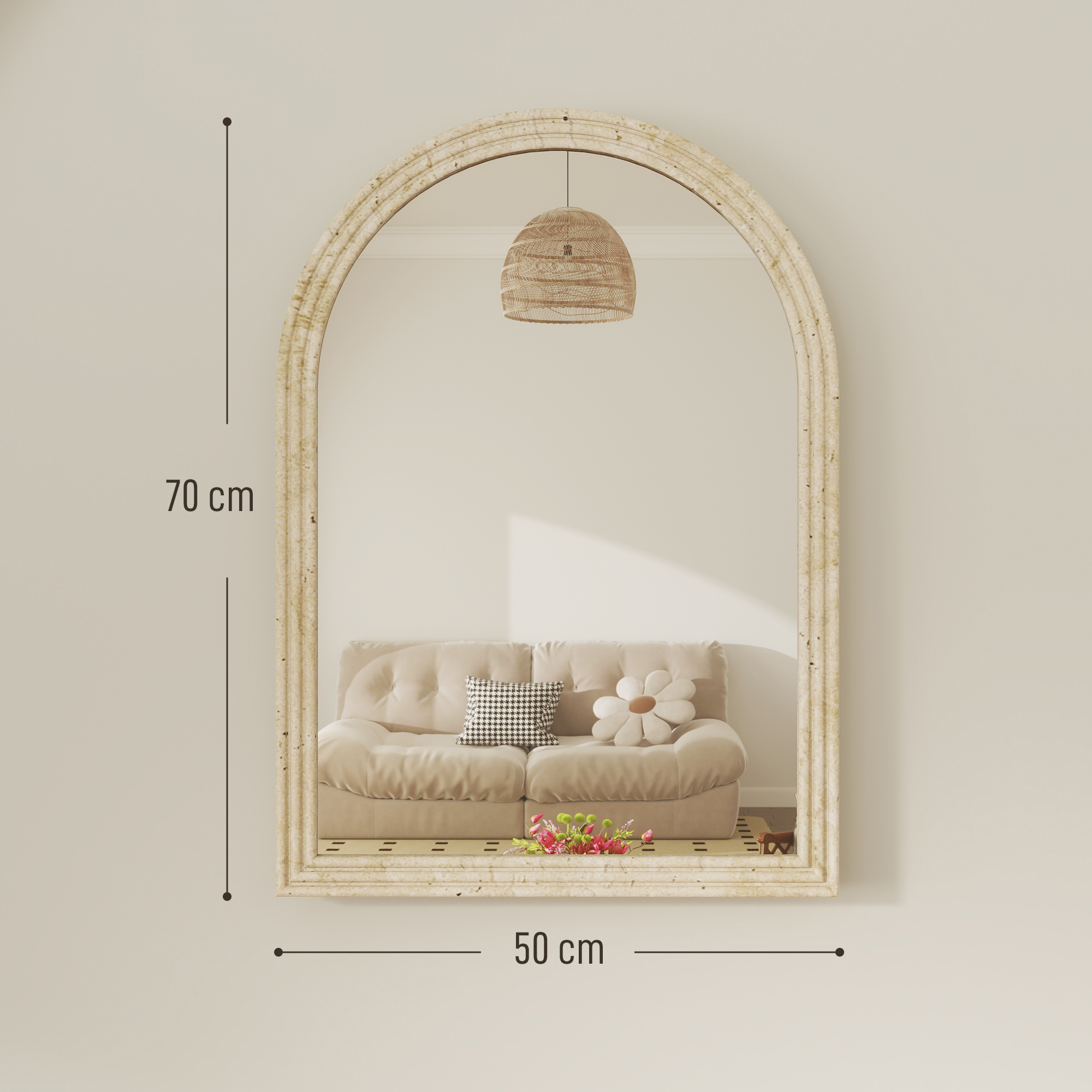 Wandspiegel Bogenförmig Spiegel mit Rahmen aus Polystyrol Dekorativer Hängespiegel 50 x 70 cm Beige