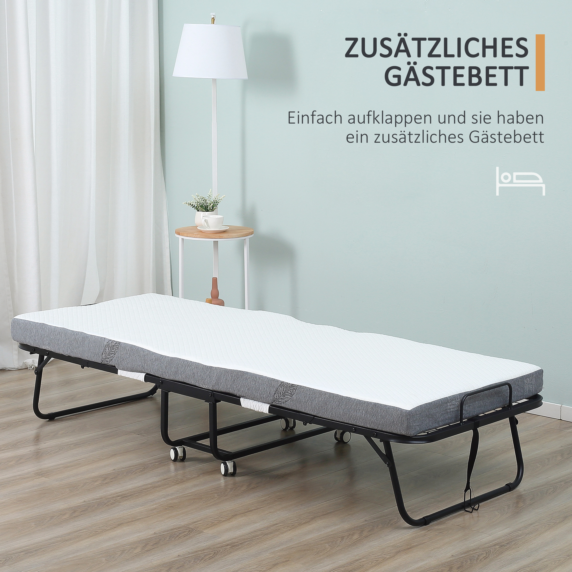 Gästebett, Klappbett, Reisebett mit Rollen, Matratze, Stahl, Weiß+Schwarz