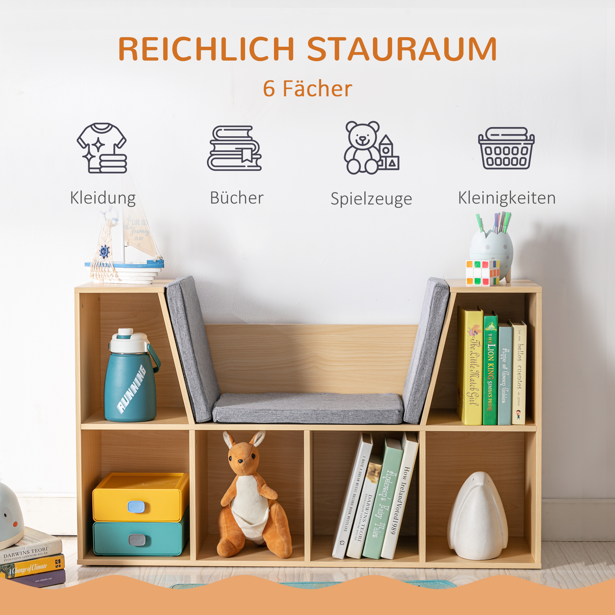 2-in-1 Kinderregal Regal + Sitzbank inkl. Polster 103 cm × 30 cm × 62 cm Weiß + Grau