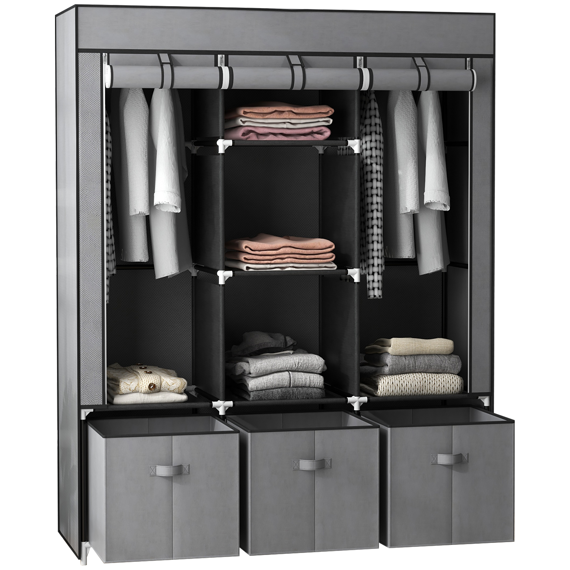 Stoffschrank aus Vlies, Faltschrank, inkl. 3 Schubladen, 125 cm x 43 cm x 162,5 cm, Grau