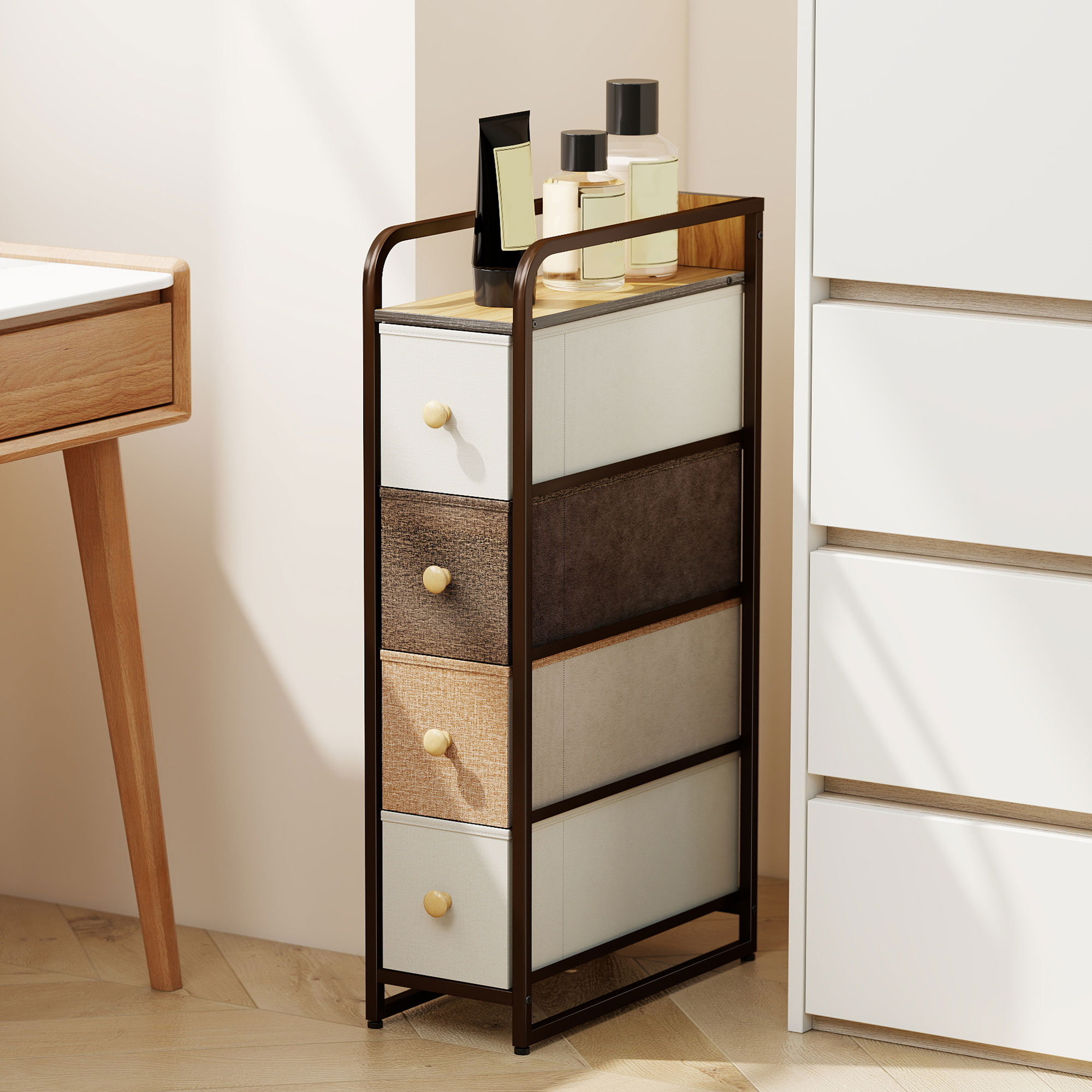 Kommode Schrank mit 4 Schubladen aus Vliesstoff Aufbewahrungsschrank mit Stahlrahmen, 20 x 47 x 84,5 cm, Mehrfarbig