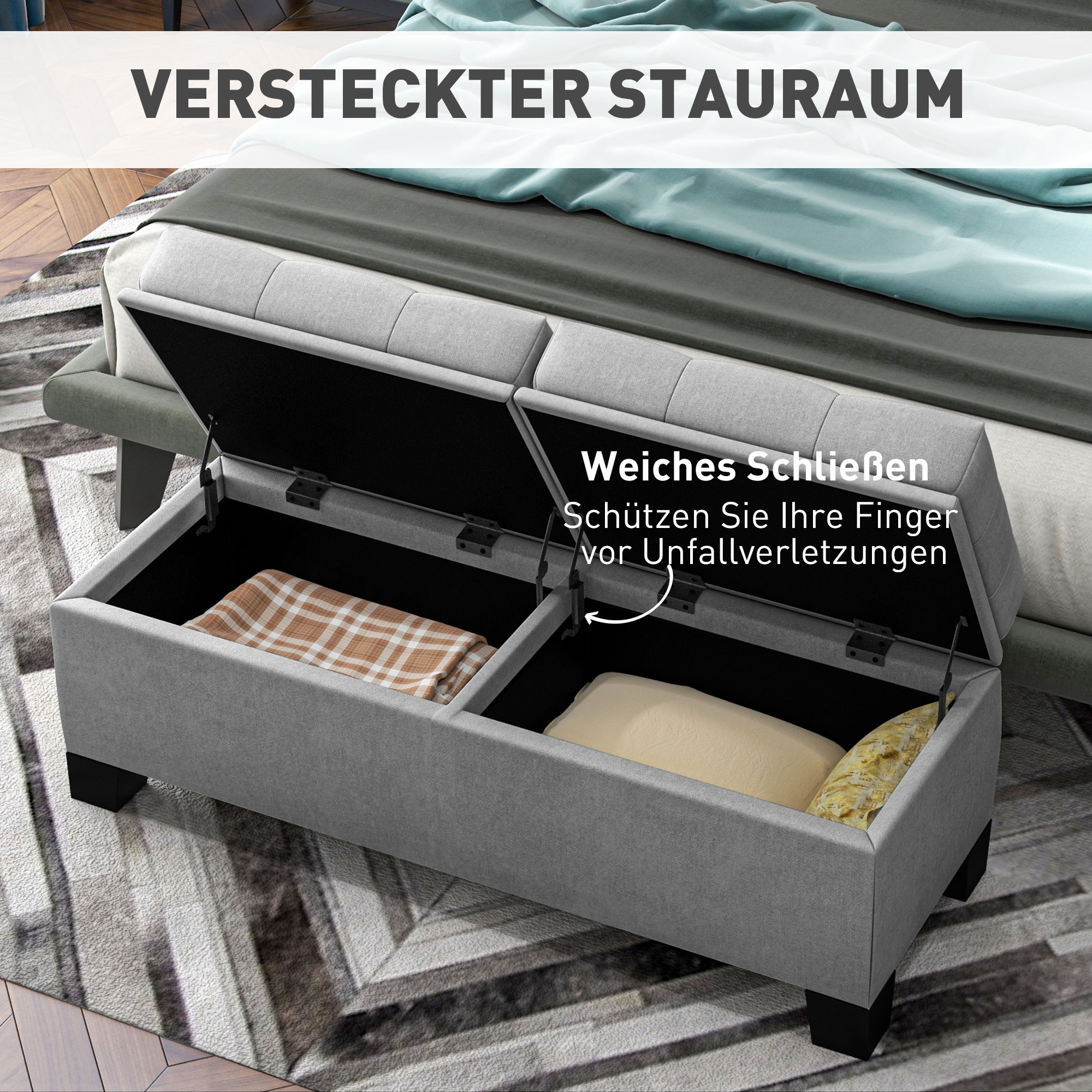 Sitzbank mit Stauraum, Polsterbank mit Leinenoptik, Gepolsterte Aufbewahrungsbox bis 180kg belastbar, für Flur, Schlafzimmer, Wohnzimmer, 116x41x47 cm, Grau