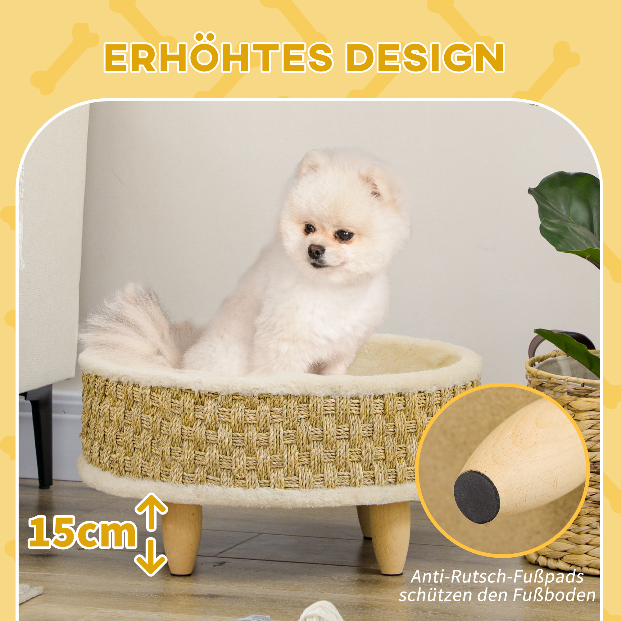 Haustierbett für Katzen und Hunde, Seegras, waschbares Kissen, 48 cm x 48 cm x 24,5 cm, Beige + Khaki - Natur