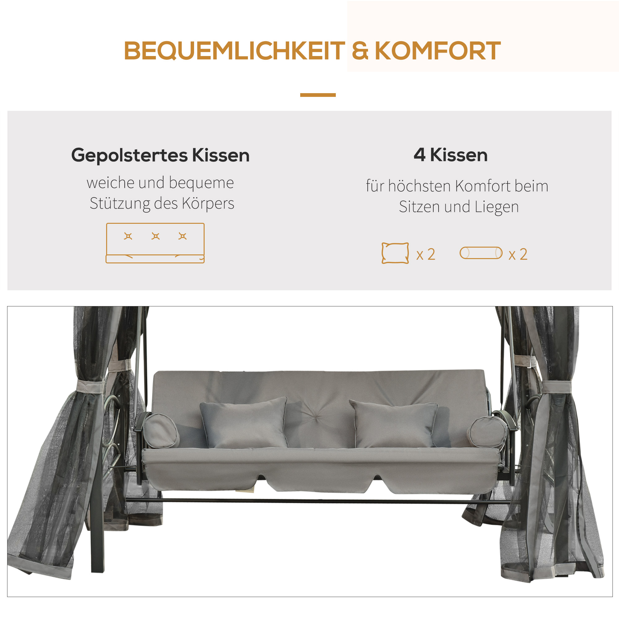 Hollywoodschaukel Gartenschaukel Schaukel mit Seitenwänden 3-Sitzer Grau 256 x 172 x 248 cm