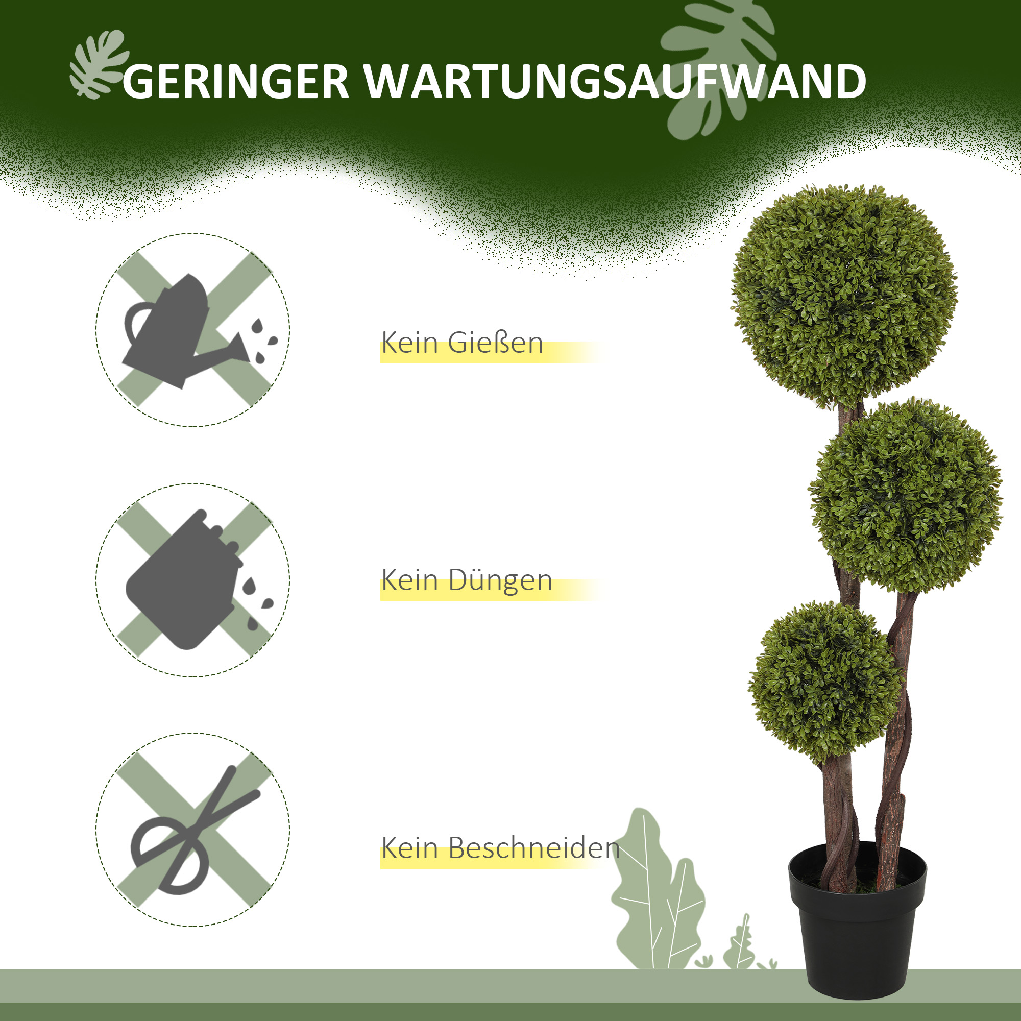 Künstlicher Buchsbaum, Kunstpflanze, realistisches Aussehen, Outdoor, Grün + Schwarz