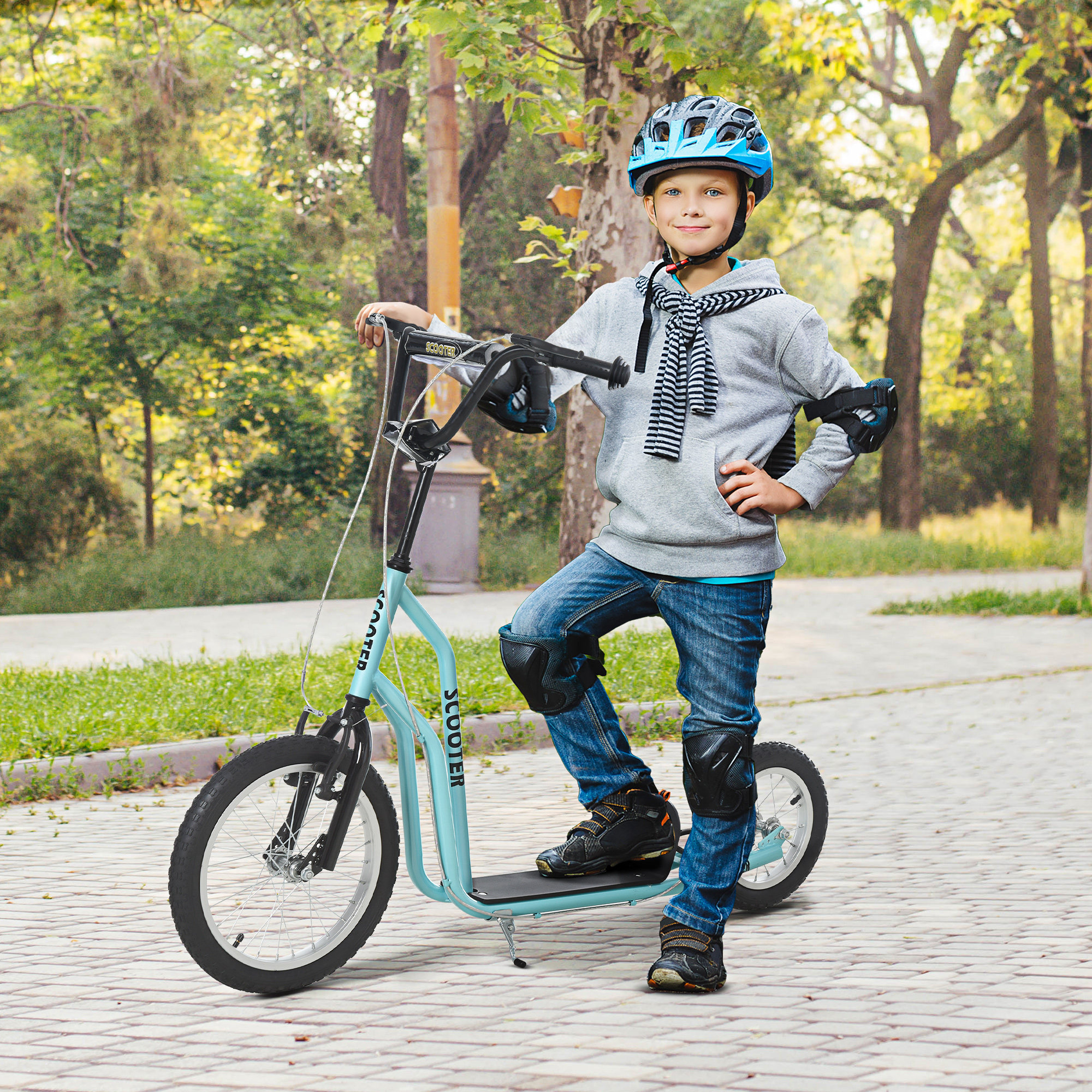 Kinderroller ab 5 jahre Scooter Tretroller Cityroller Kinder Roller Kickboard mit Luftreifen16/12 Zoll Blau 135 x 58 x 88-94 cm