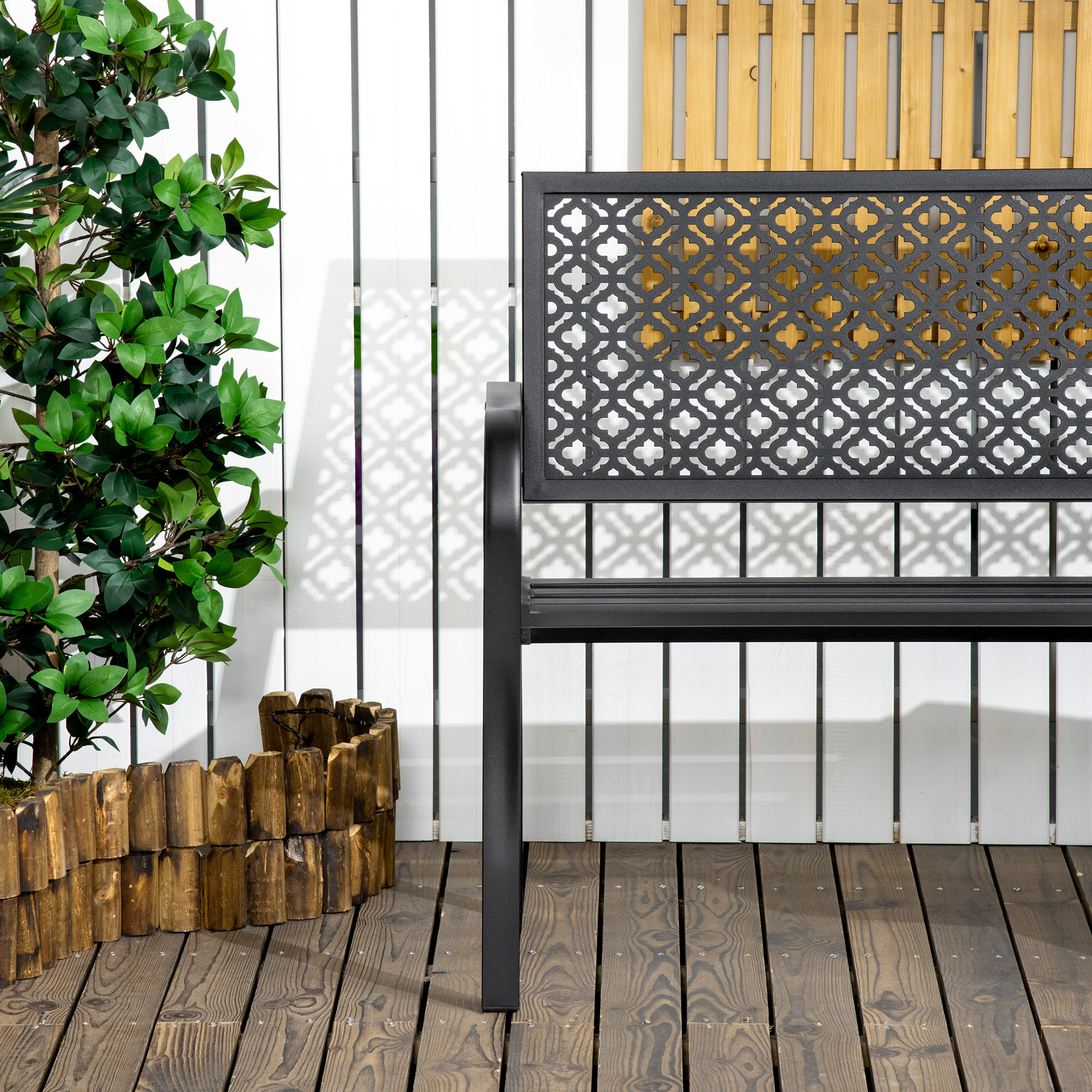 Gartenbank aus Metall, 2-Sitzer, Blumenmuster, wetterbeständig, 127 x 63 x 83cm, Schwarz