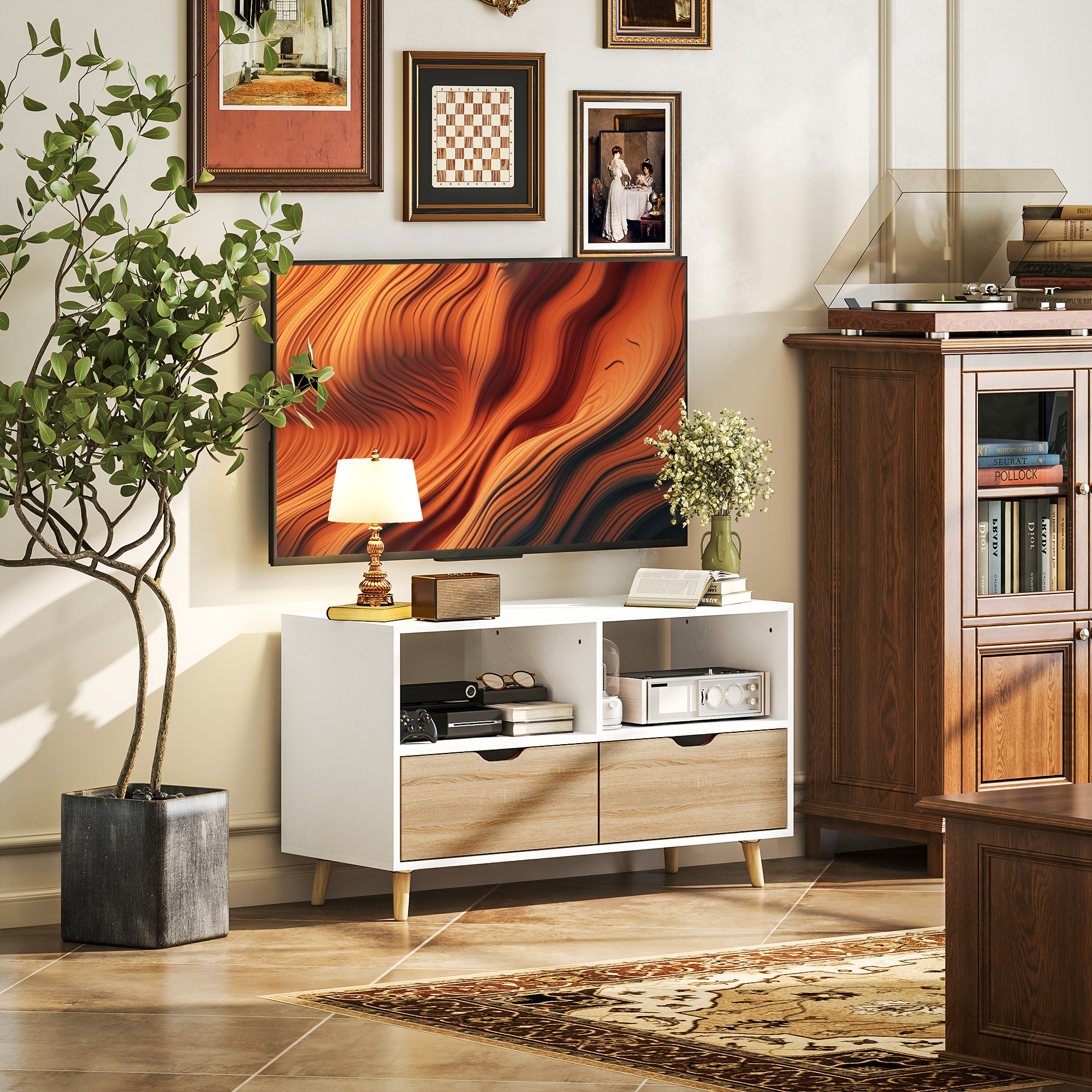 TV-Schrank, TV-Kommode mit Schubladen, Offene Regale, Holz, 99 x 39 x 58 cm, Weiß