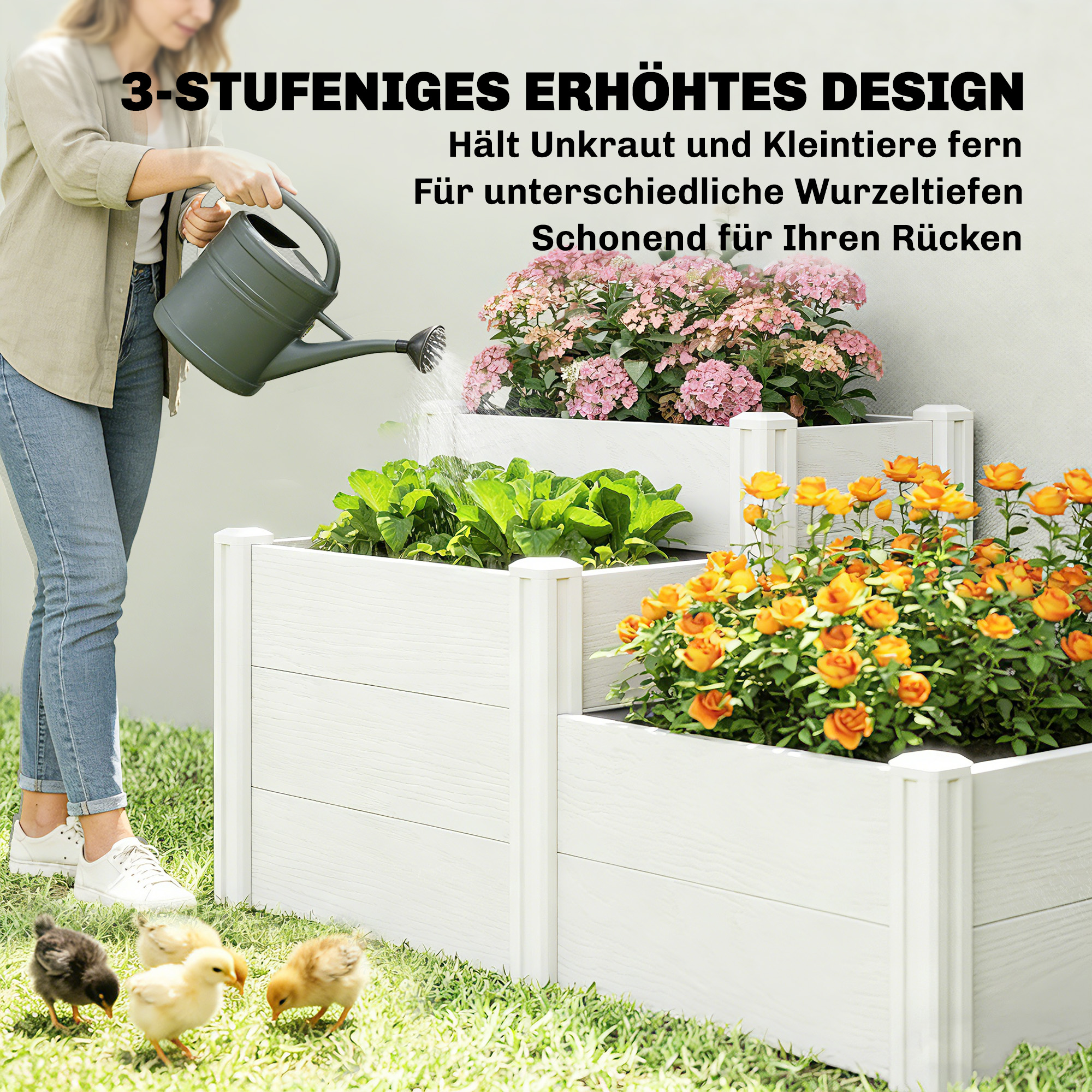 Hochbeet 3-stufig Stapelbar Gartenbeet mit Offenem Boden, modulares Kräuterbeet DIY Montage Kunststoff