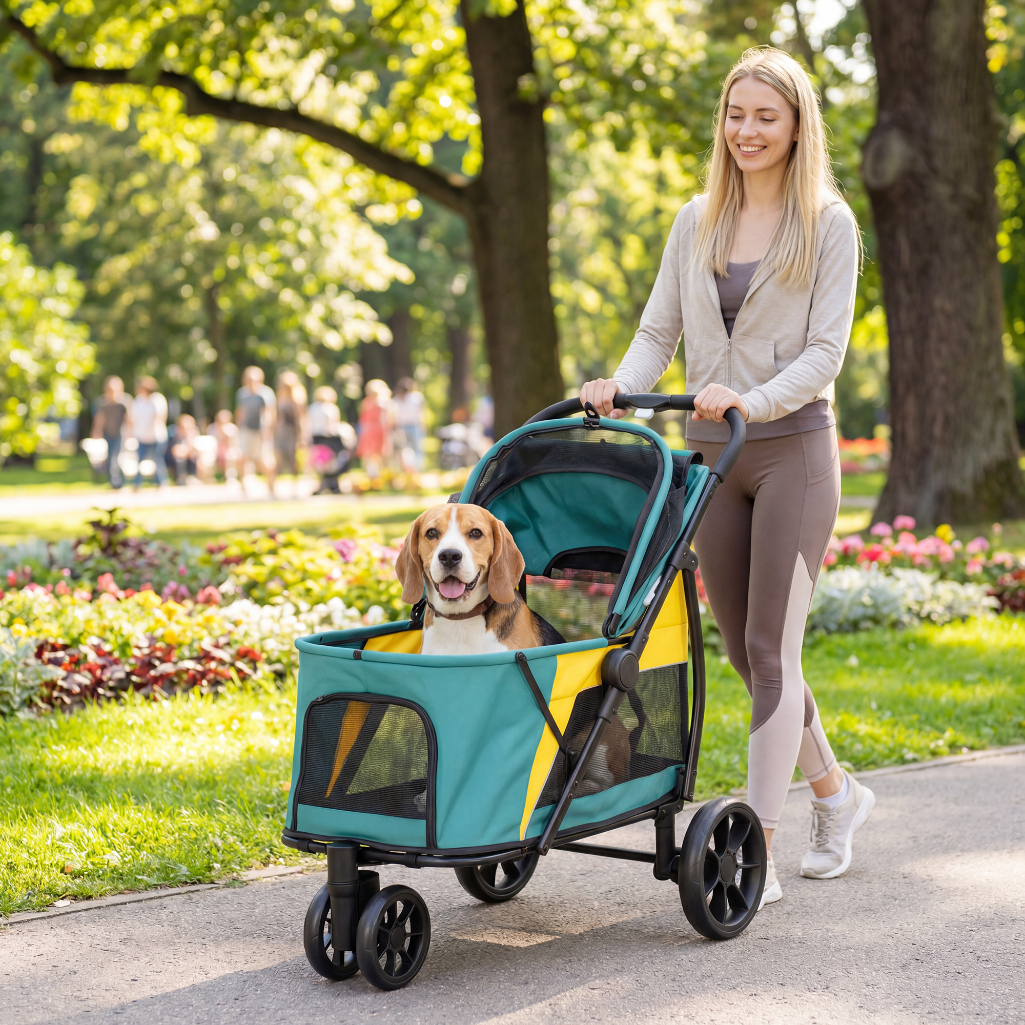 Hundewagen Faltbar Hundebuggy bis 20kg mit Kissen, Netzfenstern, Rückentasche, 92 x 63 x 95 cm Dunkelgrün