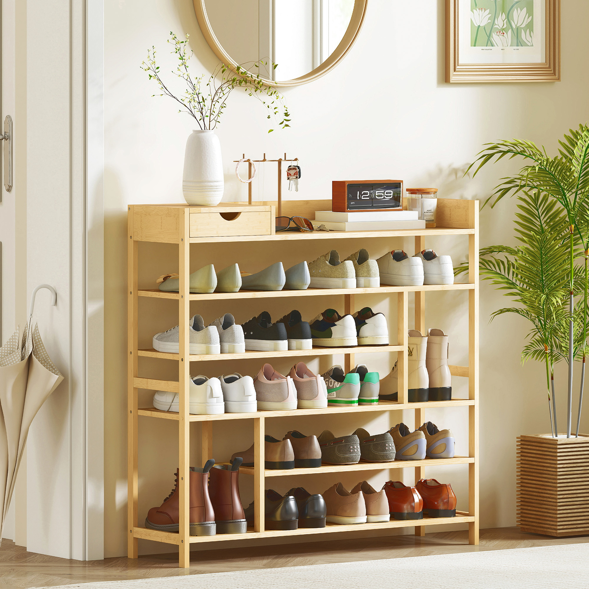 Schuhregal, Schuhständer mit 6 Ebenen, Schublade aus Bambus, für max. 18 Paar Schuhe, Schuhablage für Eingang, Schlafzimmer, 101 x 30 x 100 cm, Natur
