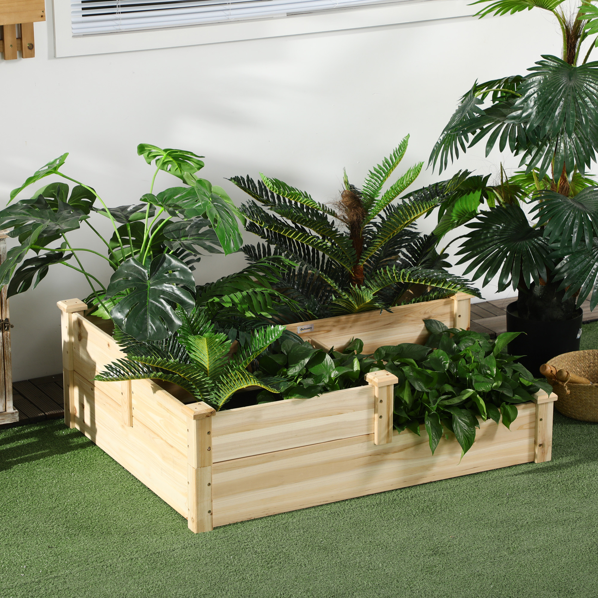 Hochbeet mit 3 Pflanzkästen, 3-stufiges Design, offenere Boden, 108 cm x 88 cm x 36 cm, Natur