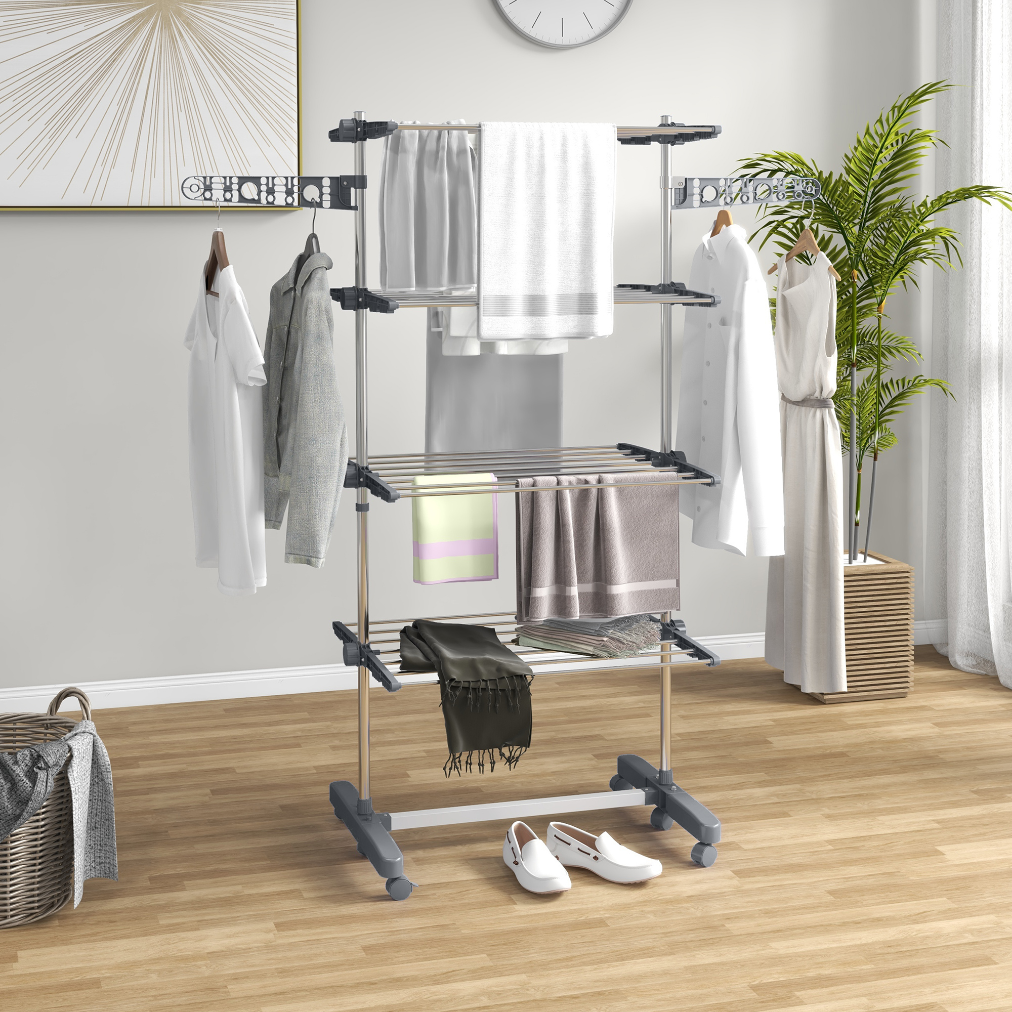 Wäschenständer Wäschetrockner 5 Ebenen, klappbar, One-Klick-System, 142 cm x 55 cm x1 72 cm, Grau + Silber