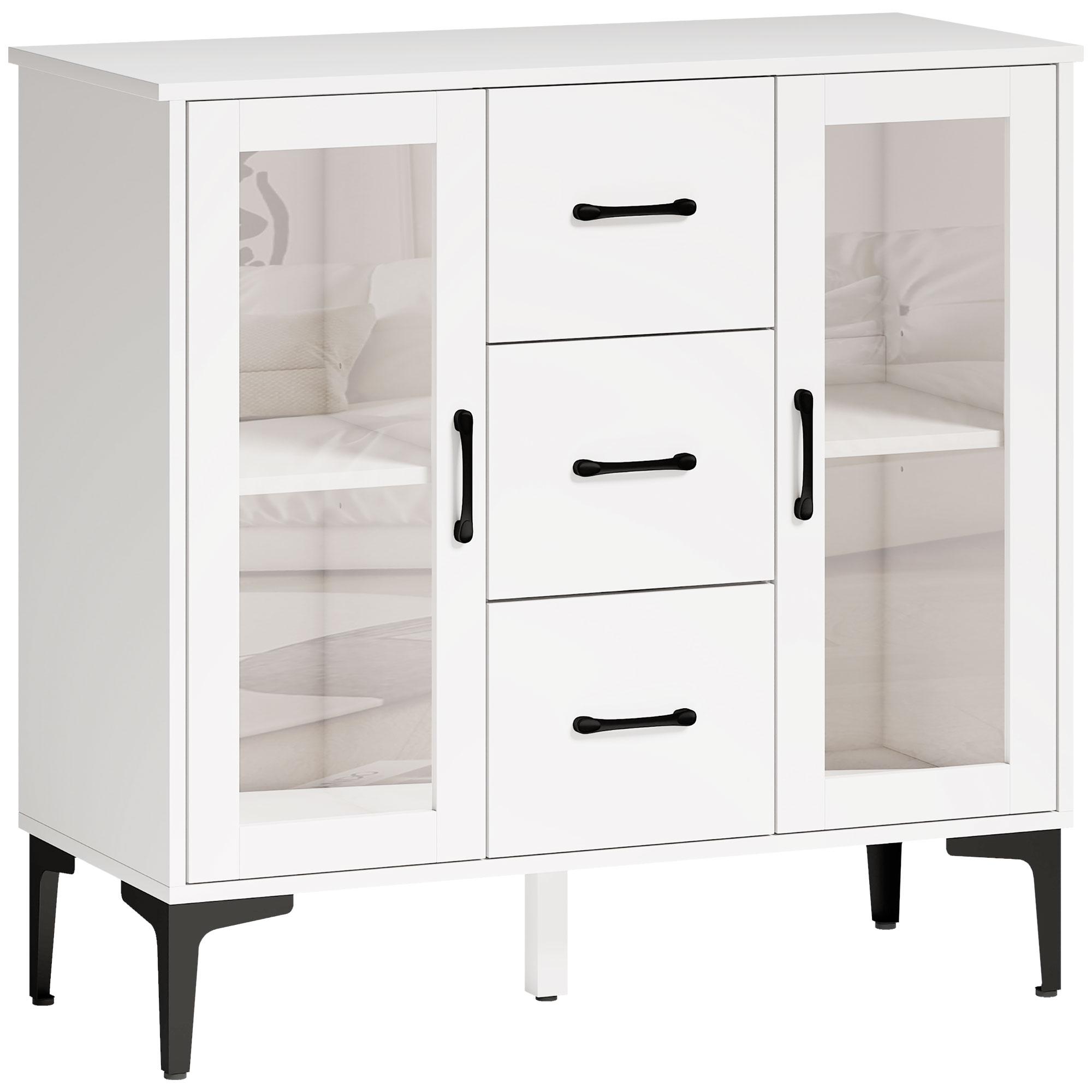 Modernes Sideboard mit Soft-Close-Türen, Buffetschrank mit 3 Schubladen, 2 Glastüren, verstellbare Regale, MDF, Weiß