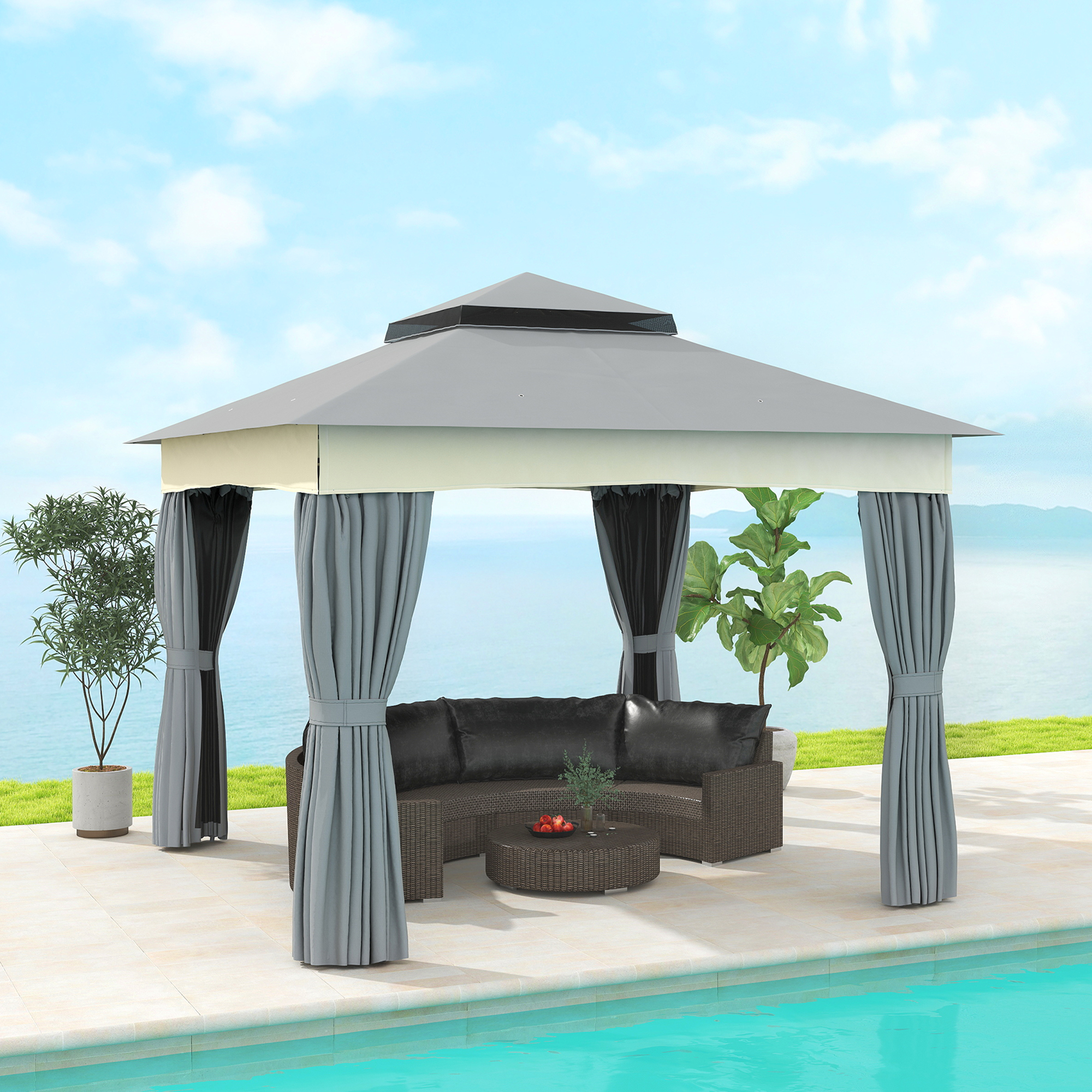 Pavillon mit Doppeldach, 3x3 m Wasserabweisend Stabil Winterfest Gartenpavillon aus Metall Dunkelgrau