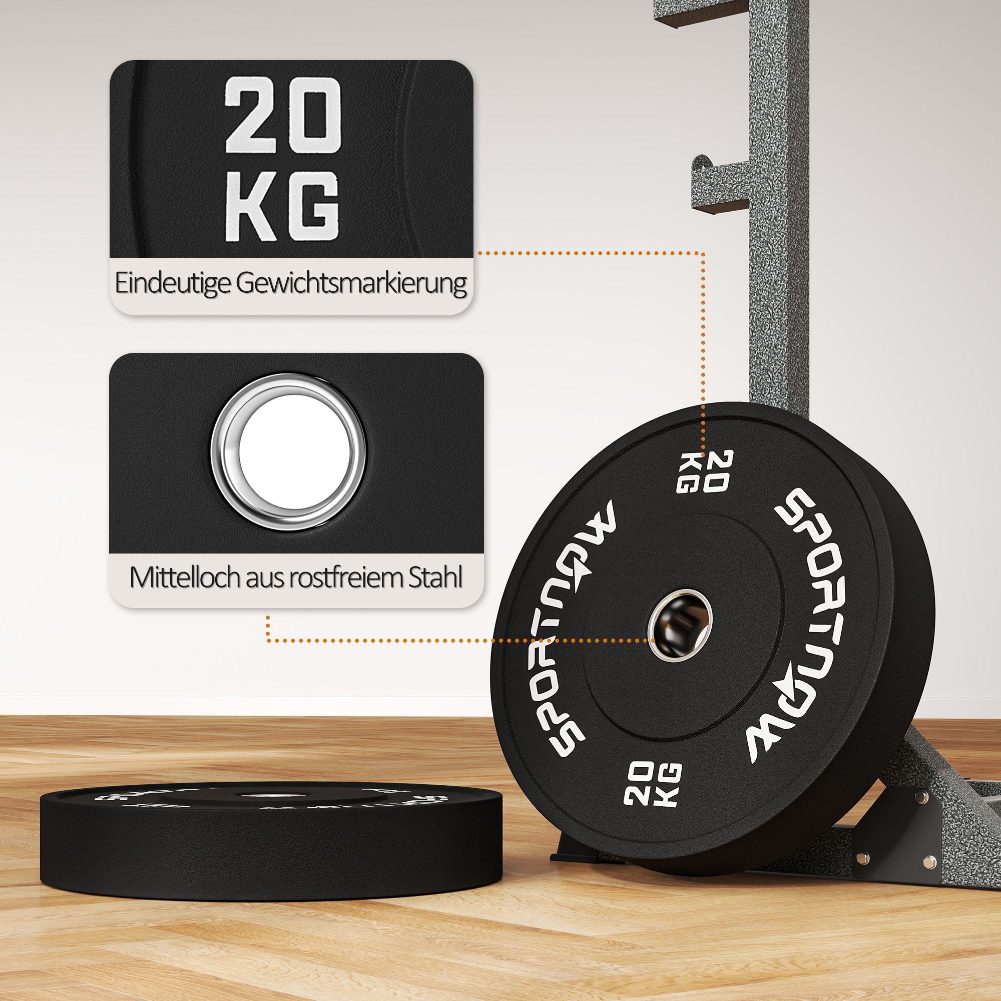 Hantelscheiben-Set, 2 x 20 kg, olympischer Standard, Gummi, geräuscharm, Schwarz