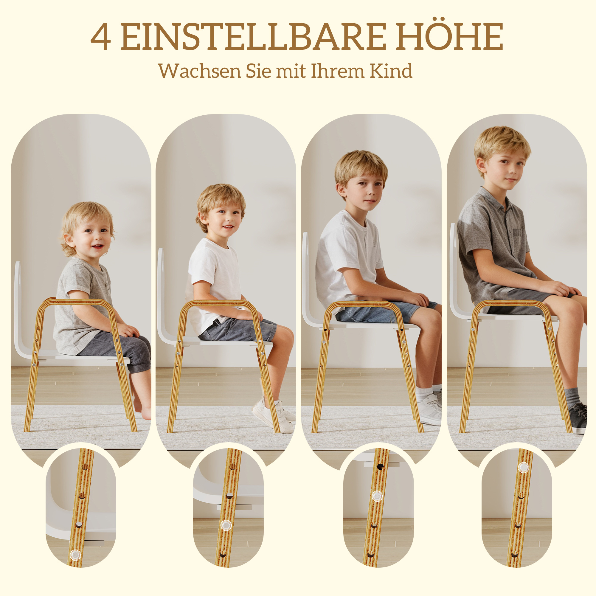 Holzstuhl-Set für Kinder, rutschfeste Fußpads, 3-15 Jahre, höhenverstellbar, Weiß