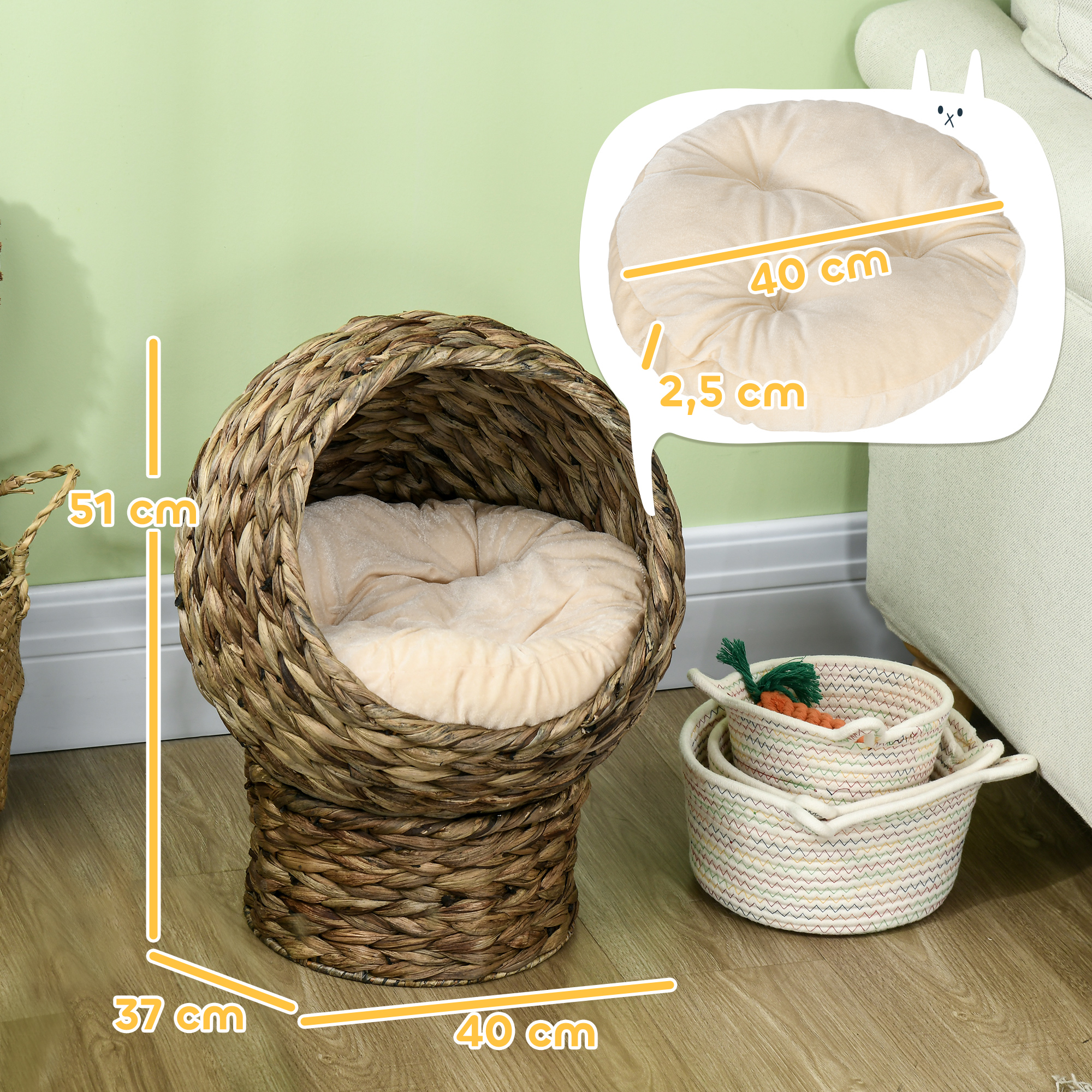Rattan Katzenkorb Katzenhöhle Katzenhütte Katzenbett mit Kissen Haustierbett Wasserhyazinthe Kaffee 40 x 37 x 51 cm