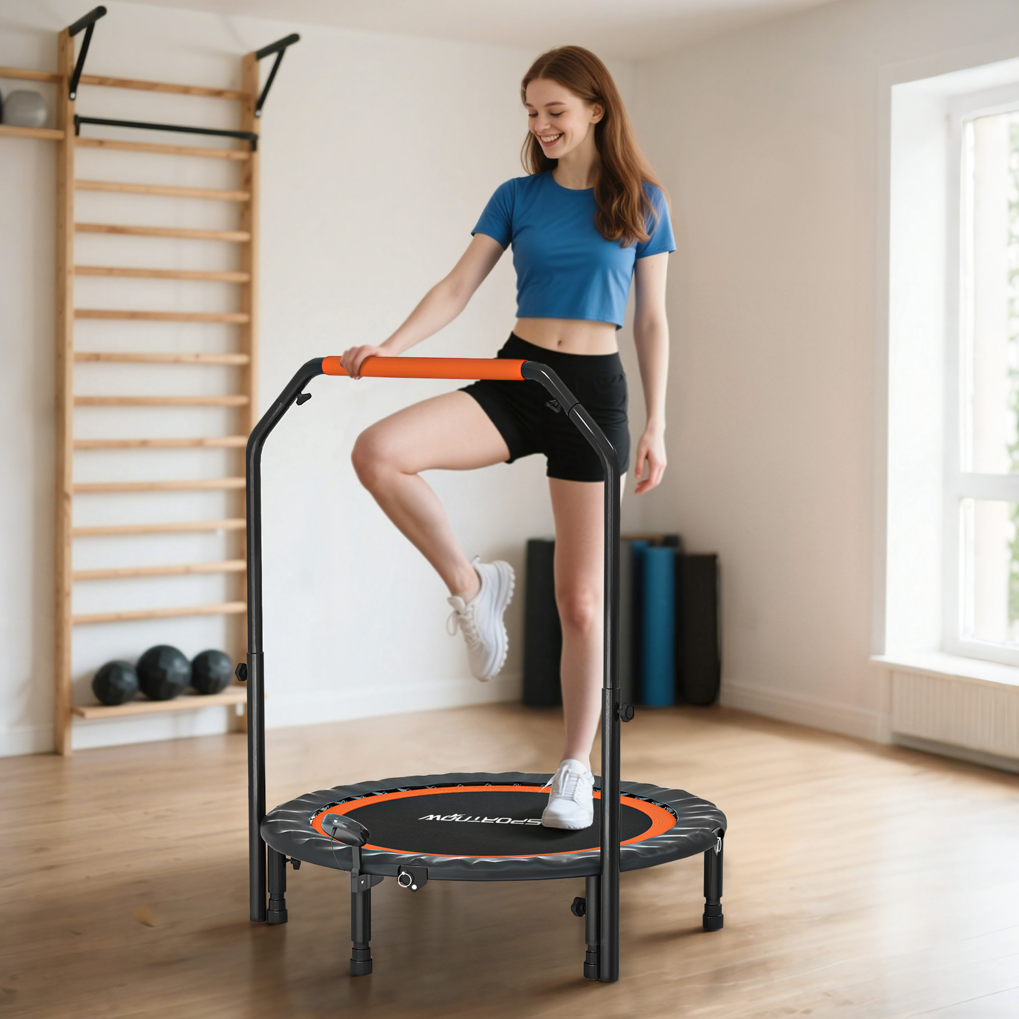 Mini-Trampolin, mit höhenverstellbarem Haltegriff, LCD-Monitor, Stahl, schwarz+rot, Ø102 x 99-123cm
