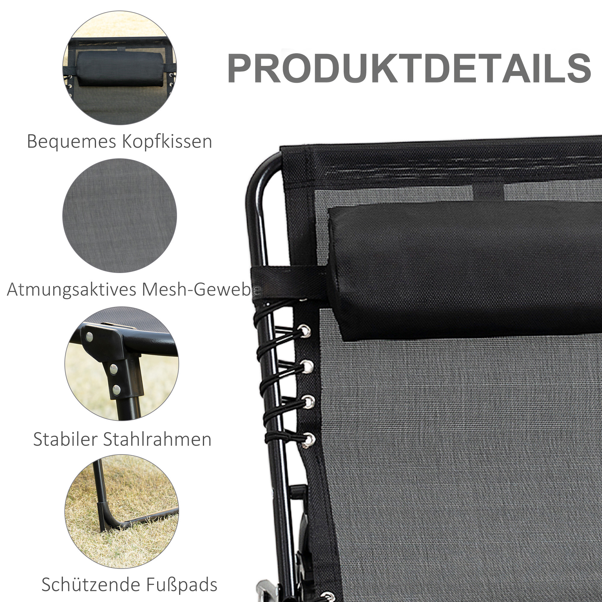 Liegestuhl, Zusammenklappbare Liege mit Nackenkissen, Stahlrahmen, Netzstoffbezug, 120 kg Belastbarkeit, Schwarz