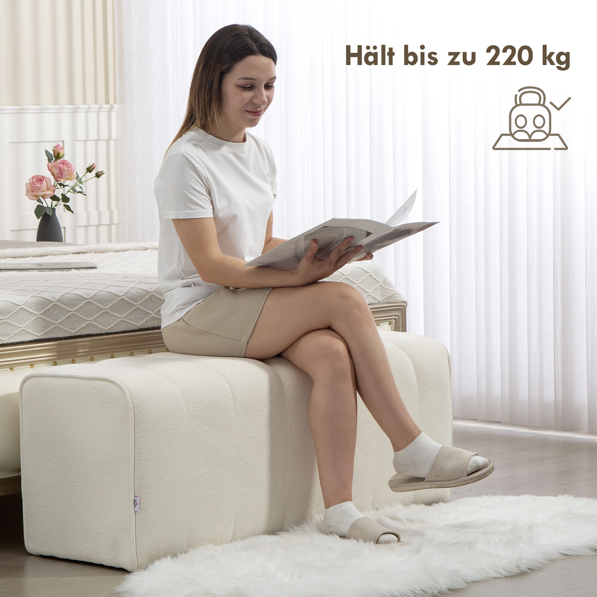 Moderne Schlafzimmerbank, Polsterbank mit Holzrahmen, bis zu 220 kg belastbar, Fußstütze, Cremeweiß