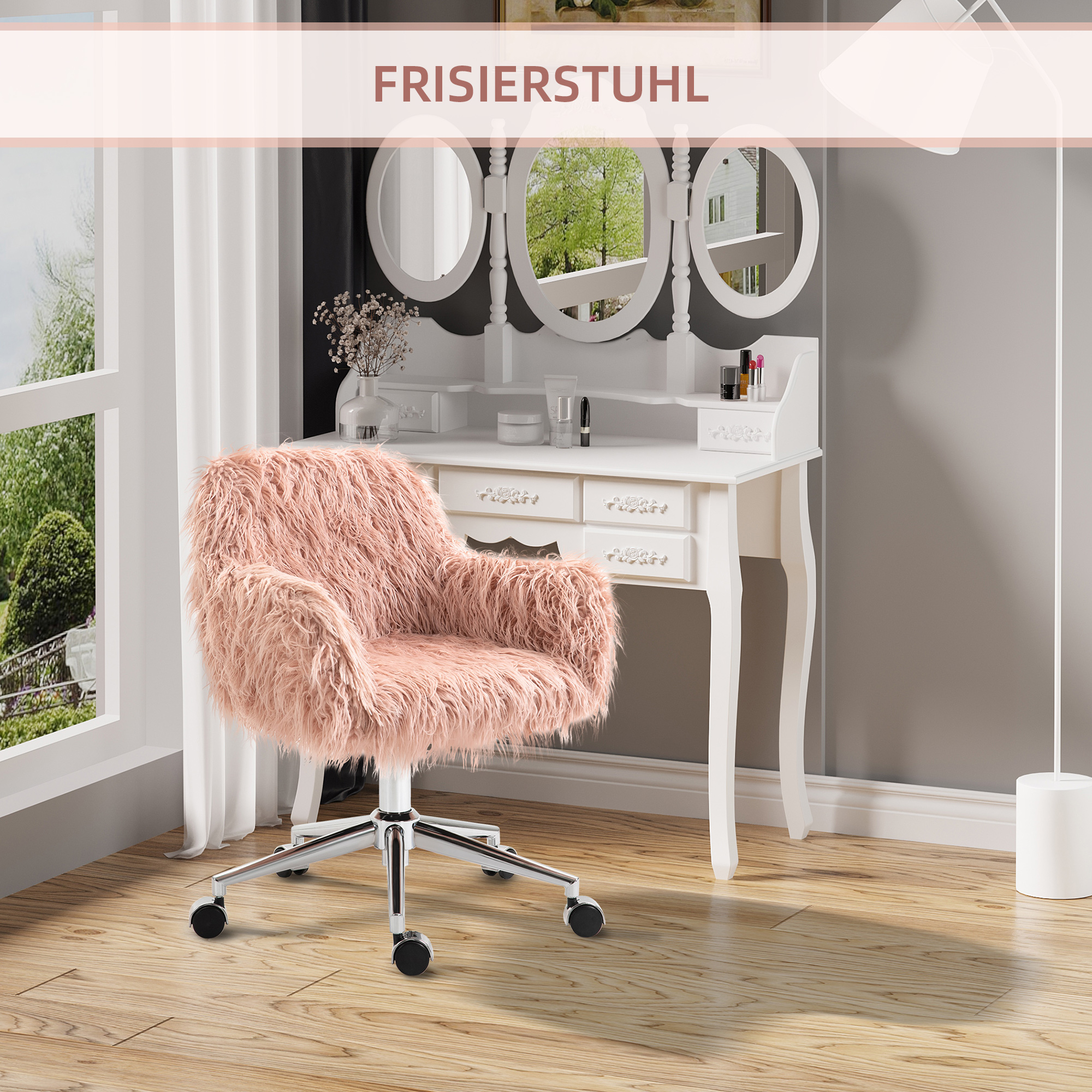 Chefsessel Drehstuhl Computerstuhl Schminkstuhl mit Kunstfell Sitzhöhenverstellung für Mädchen Kunstpelz Schaumstoff Rosa+Silber 57 x 60 x 75-85 cm
