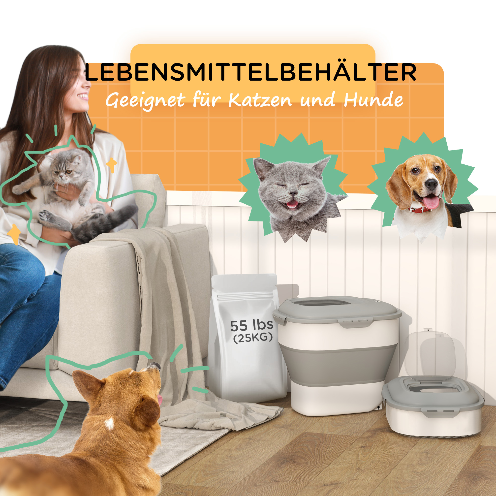 Trockenfutter-Behälter, faltbar, bis 25 kg, mit Zubehör, 44x32x37cm, Grau