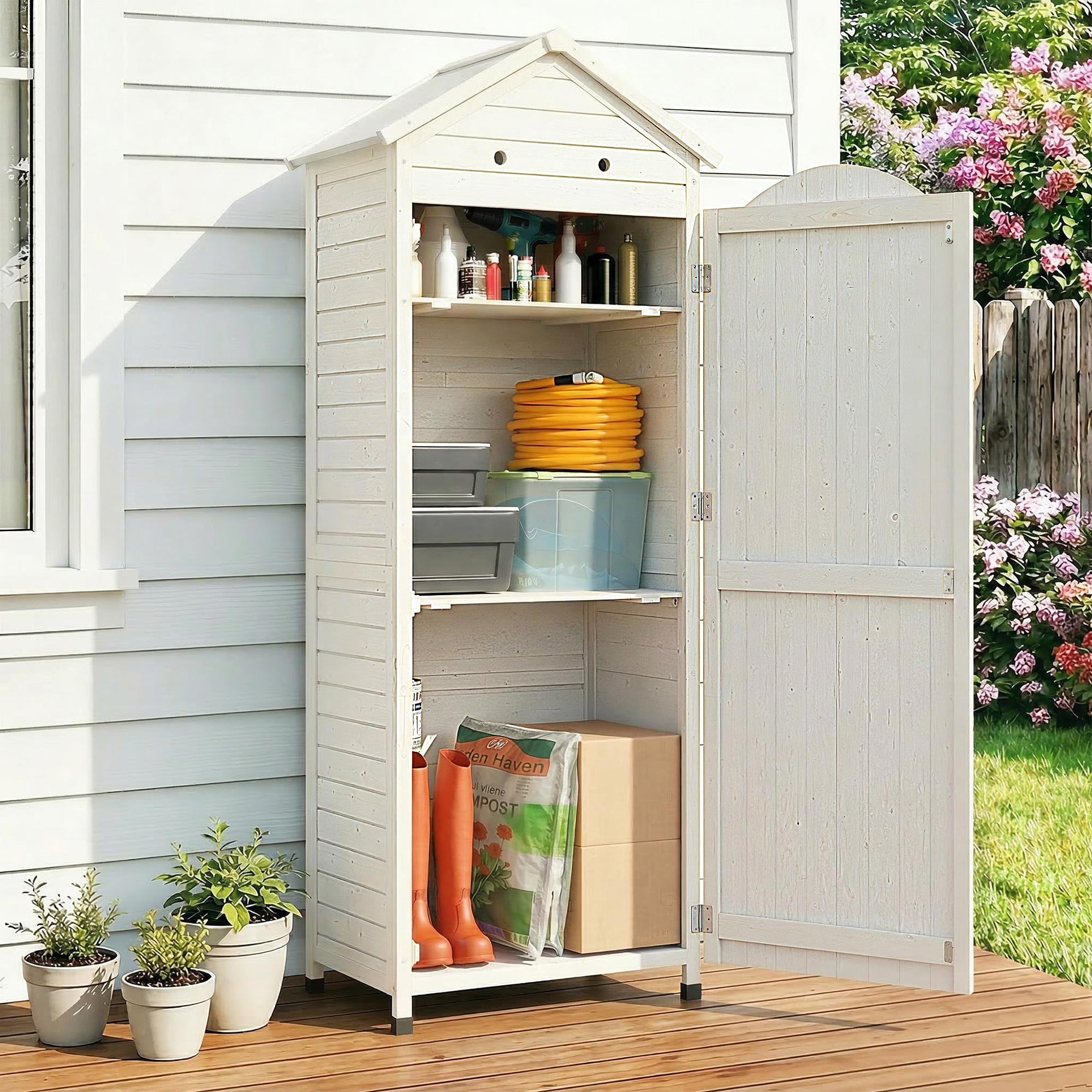 Gartenschrank Holz extra hohe Geräteschuppen mit verstellbar Ablage magnetisch Tür galvanisiert Dach Belüftung