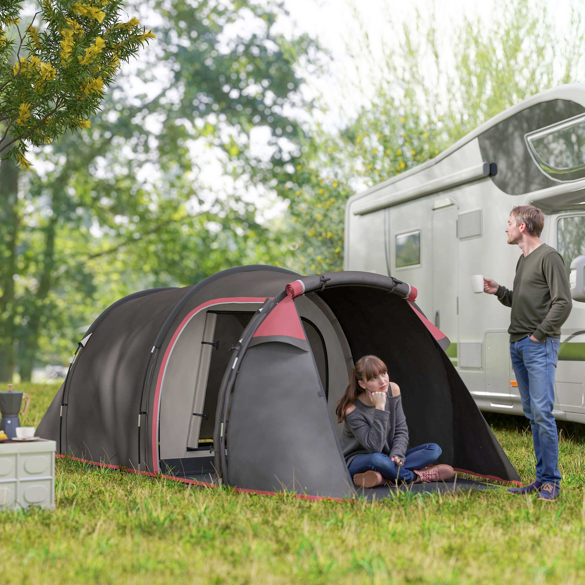 Campingzelt, Wurfzelt für 2-3 Personen, Vorraum & Schlafbereich, wasserdicht, 426 x 206 x 154 cm, Grau