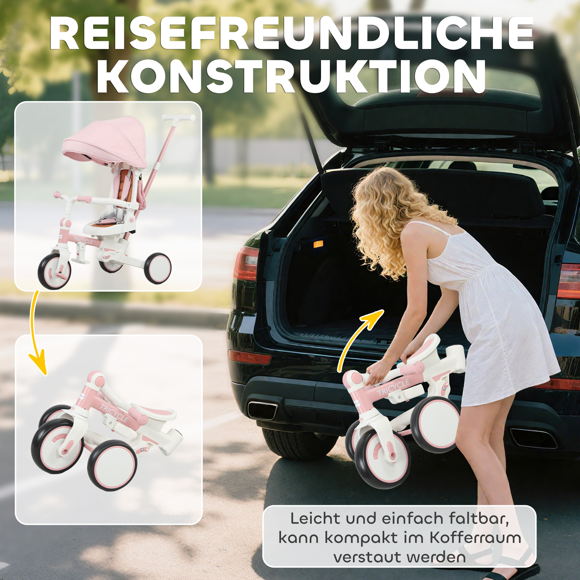 Kinder-Dreirad, wandelbarer Baby-Buggy, 5-in-1 Design, abnehmbarer Schiebegriff, verstellbar, Sicherheitsgurt, Aufbewahrungstasche, 1-3 Jahre, Rosa