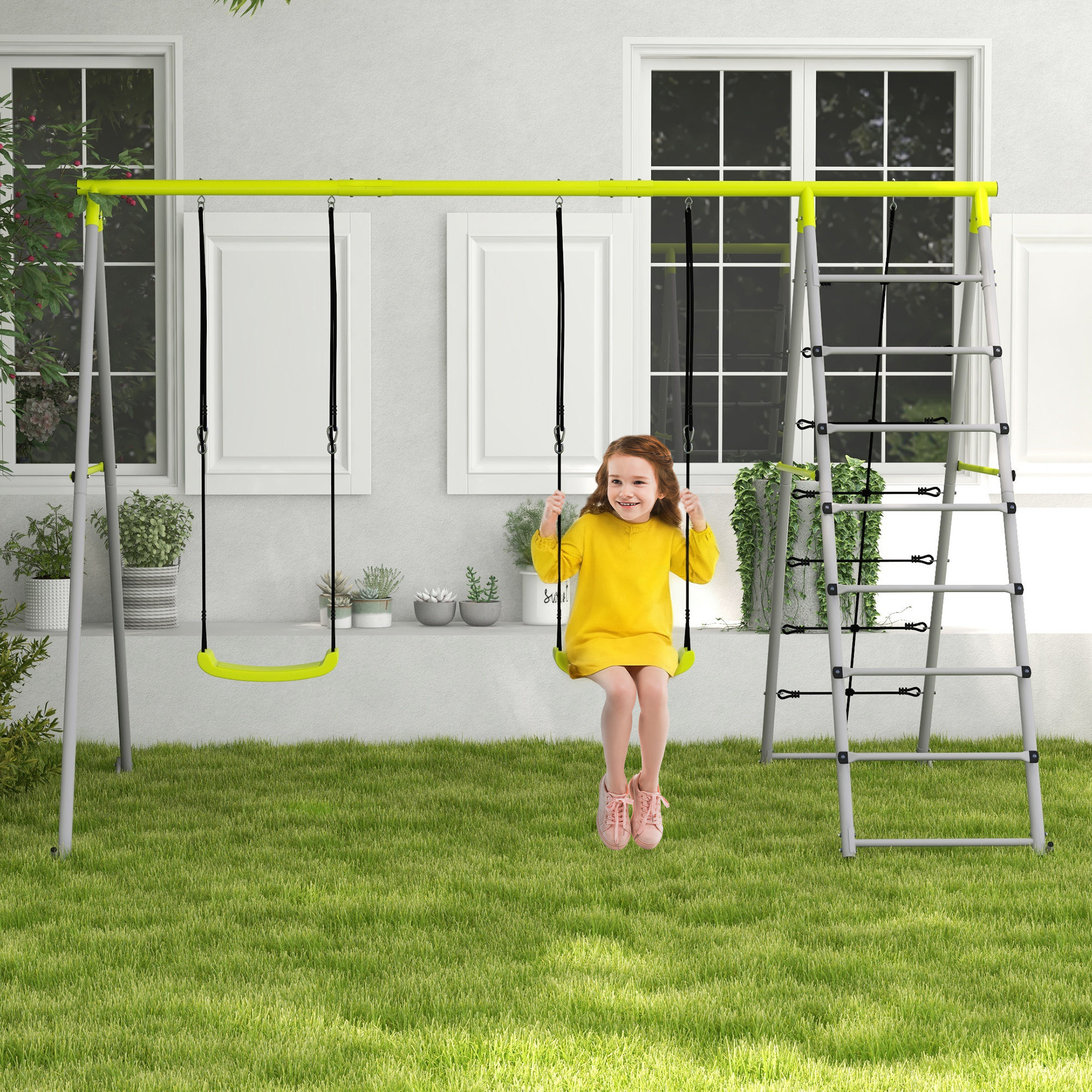 Kinderschaukel-Set, mit Kletternetz und Sprossenleiter, für Kinder 3-8 Jahre, Stahlgestell, Grün