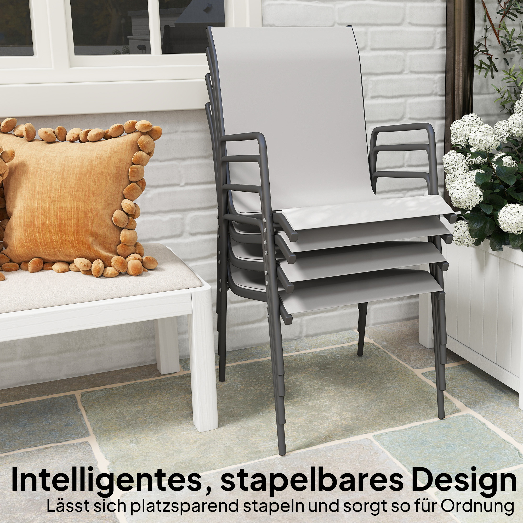 Gartenstühle 4er Set Stapelbare Terrassenstühle mit Atmungsaktive Rücken, Armlehnen 120 kg Belast
