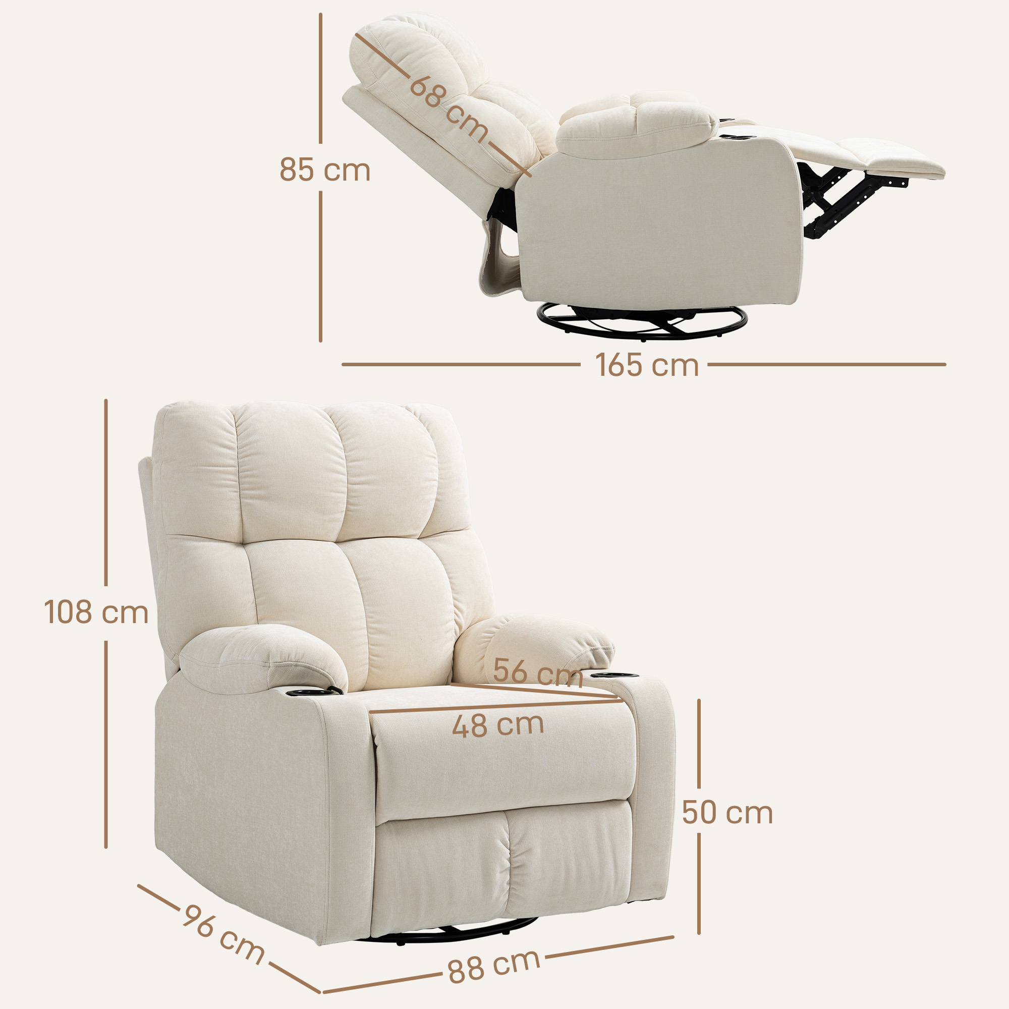 Relaxsessel mit Fußstütze, Liegesessel, drehbar, bis 150 kg, Stahlrahmen, 88x96x108cm, Beige