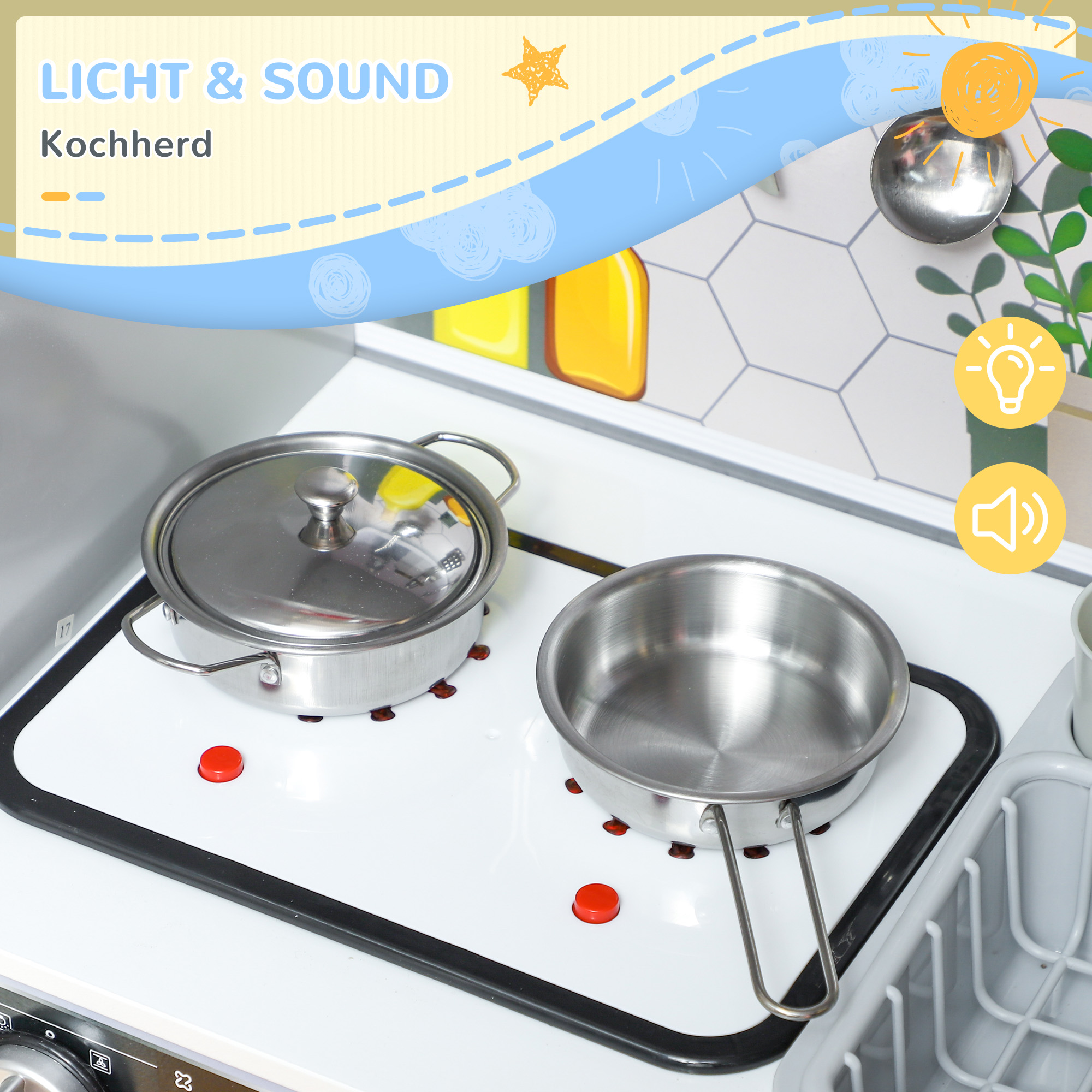 Spielküchen-Set mit Edelstahl-Geschirrset, Herd, Spüle mit Wasserkreislauf, Licht- & Soundeffekte, Weiß