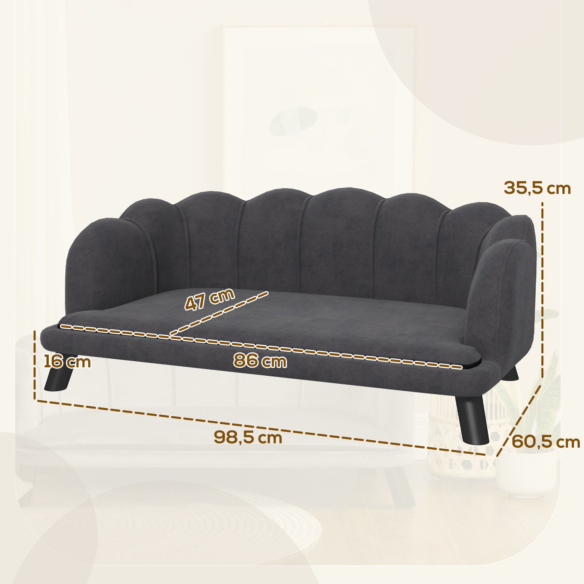 Hundesofa Hundecouch, Waschbarer Bezug, Haustiersofa mit Rückenlehne und Holzbeine, Katzensofa, für mittelgroße Hunde unter 25 kg, Dunkelgrau