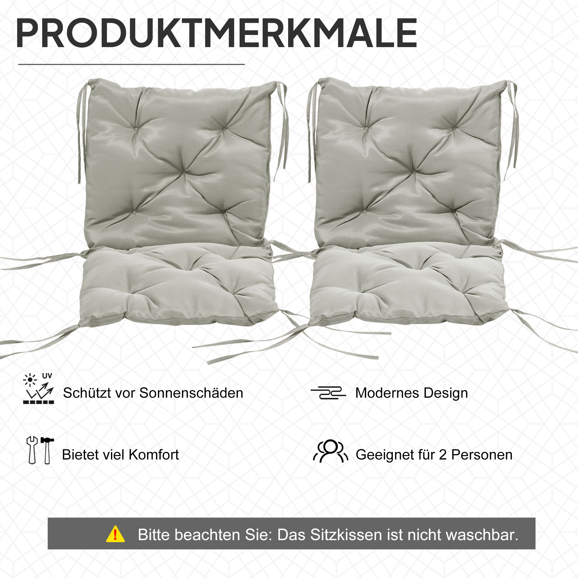 2er-Set Sitzkissen, 98 x 50 cm Stuhlkissen mit Bindebänder, Stoffbezug, 8cm dick Hellgrau