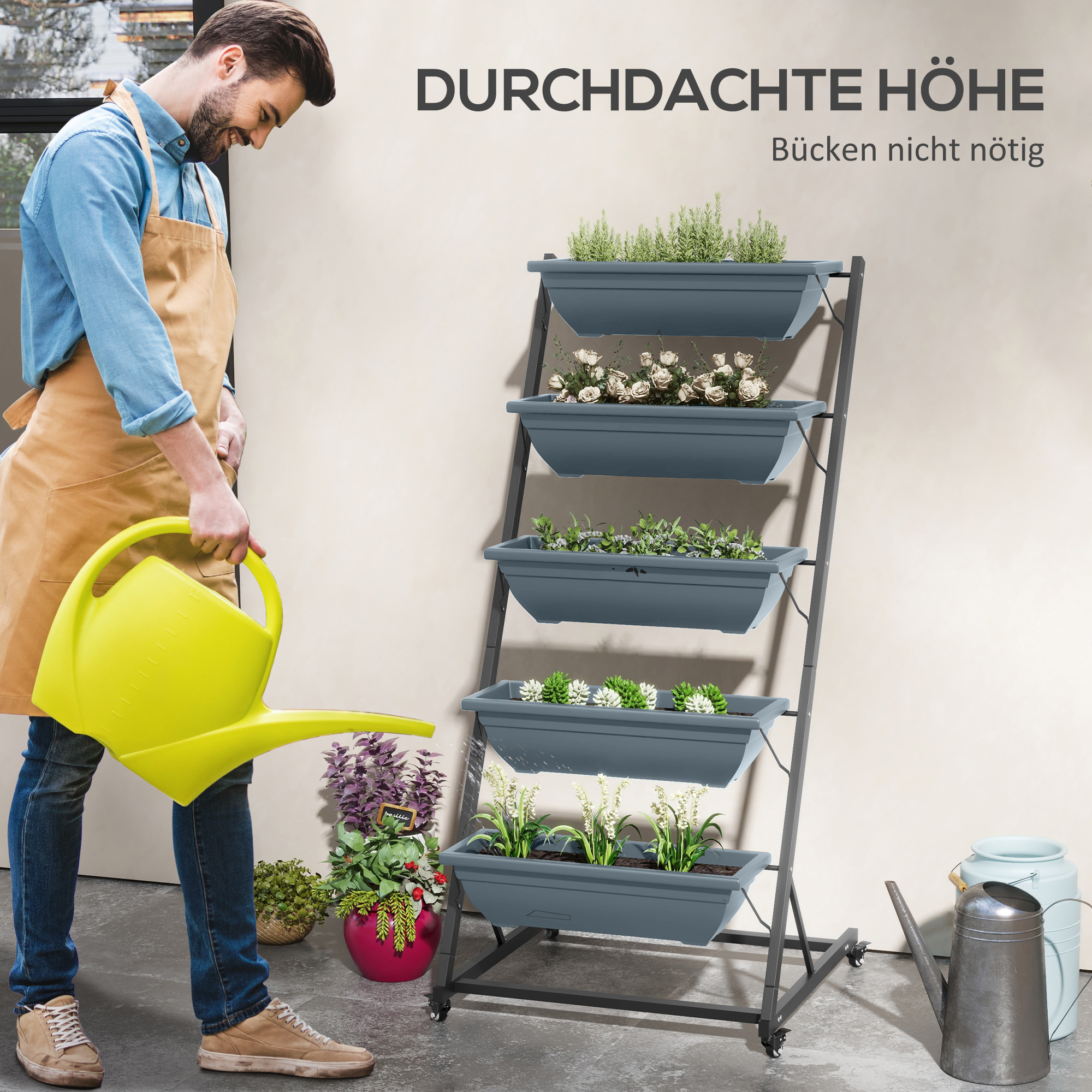 Pflanzentreppe Blumentreppe Pflanzenregal, stapelbar, wetterbeständig, 65 x 67 x 145 cm, Grau + Schwarz