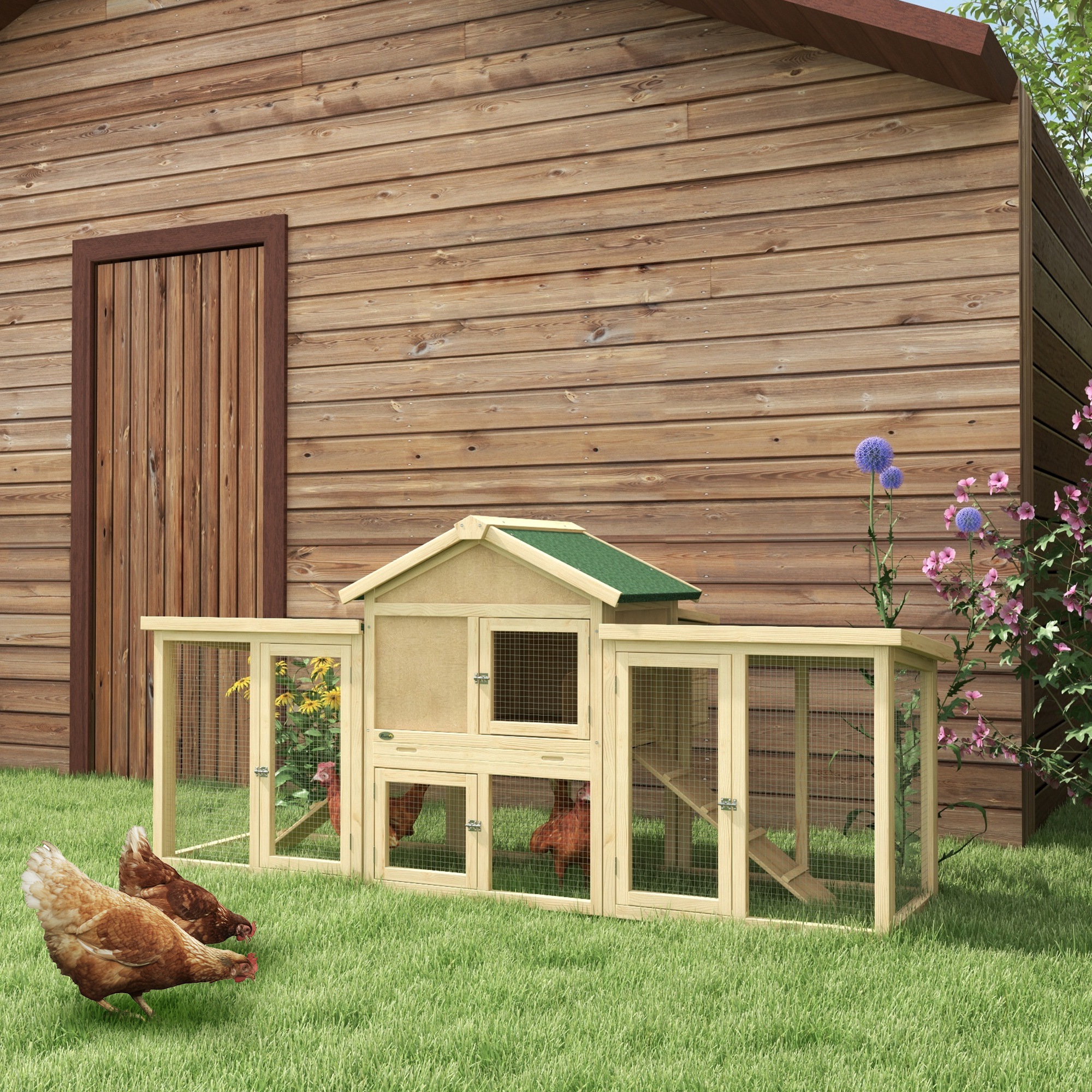 Hühnerstall mit Freigehege, inkl. Nistkasten, Rampe und Bodenwanne Tannenholz Naturholz