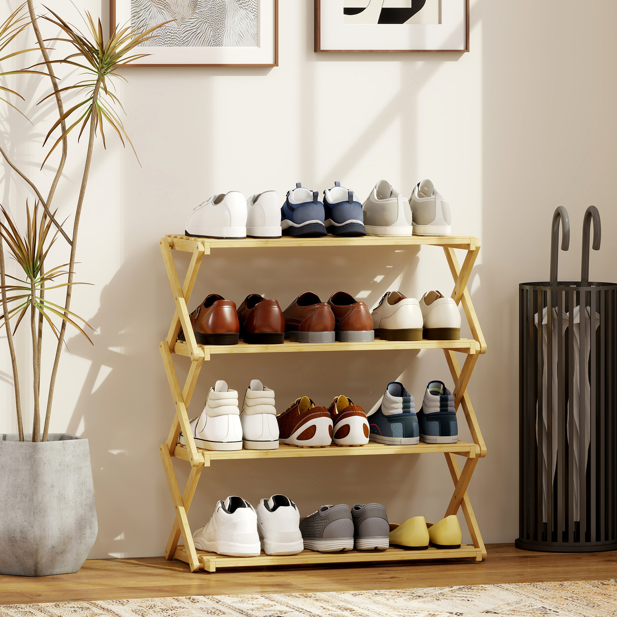 Schuhregal mit 4 Ebenen, Schuhablage aus Bambus,für bis zu 12 Paar Schuhe, für Eingang, Flur, 60 x 29 x 67 cm, Natur