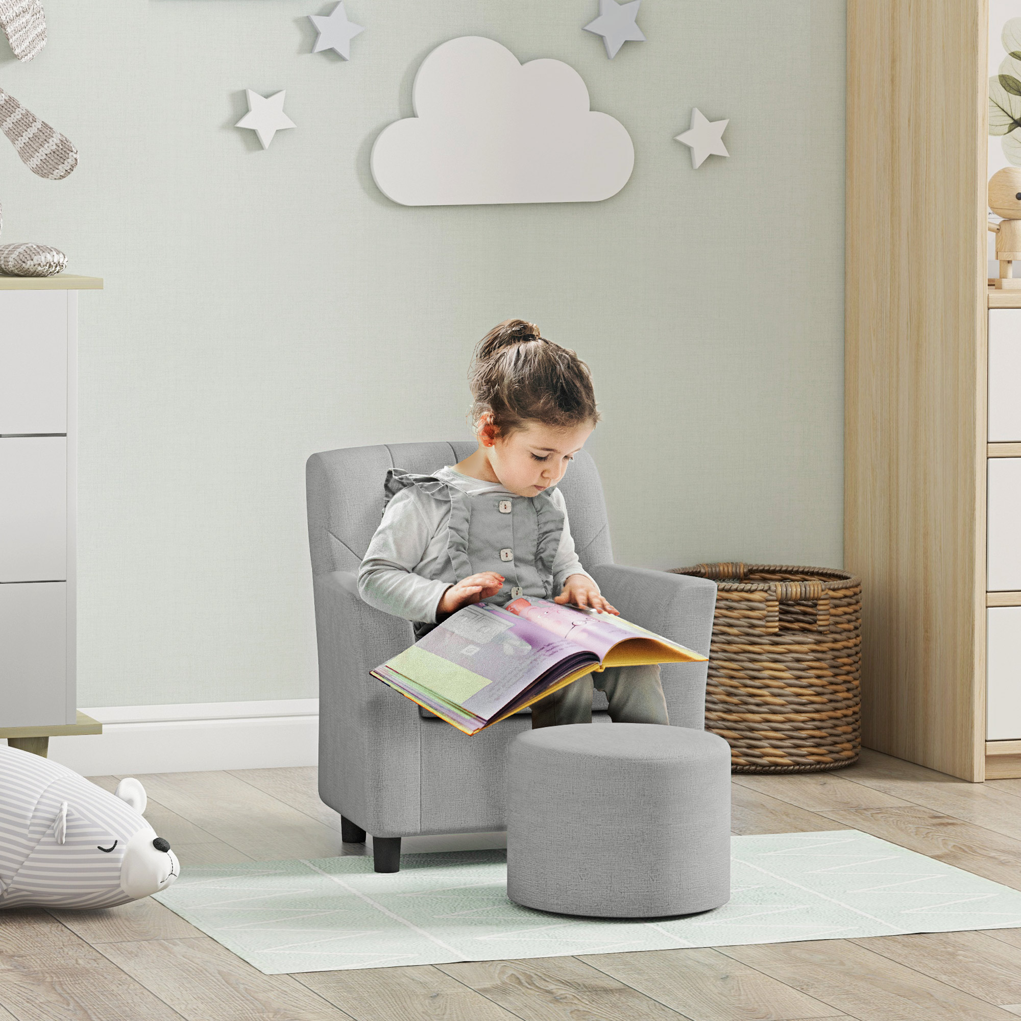 Kindersessel mit Hocker, Rückenlehne Diamantmuster, weiche Sitzfläche, Holzrahmen, Grau