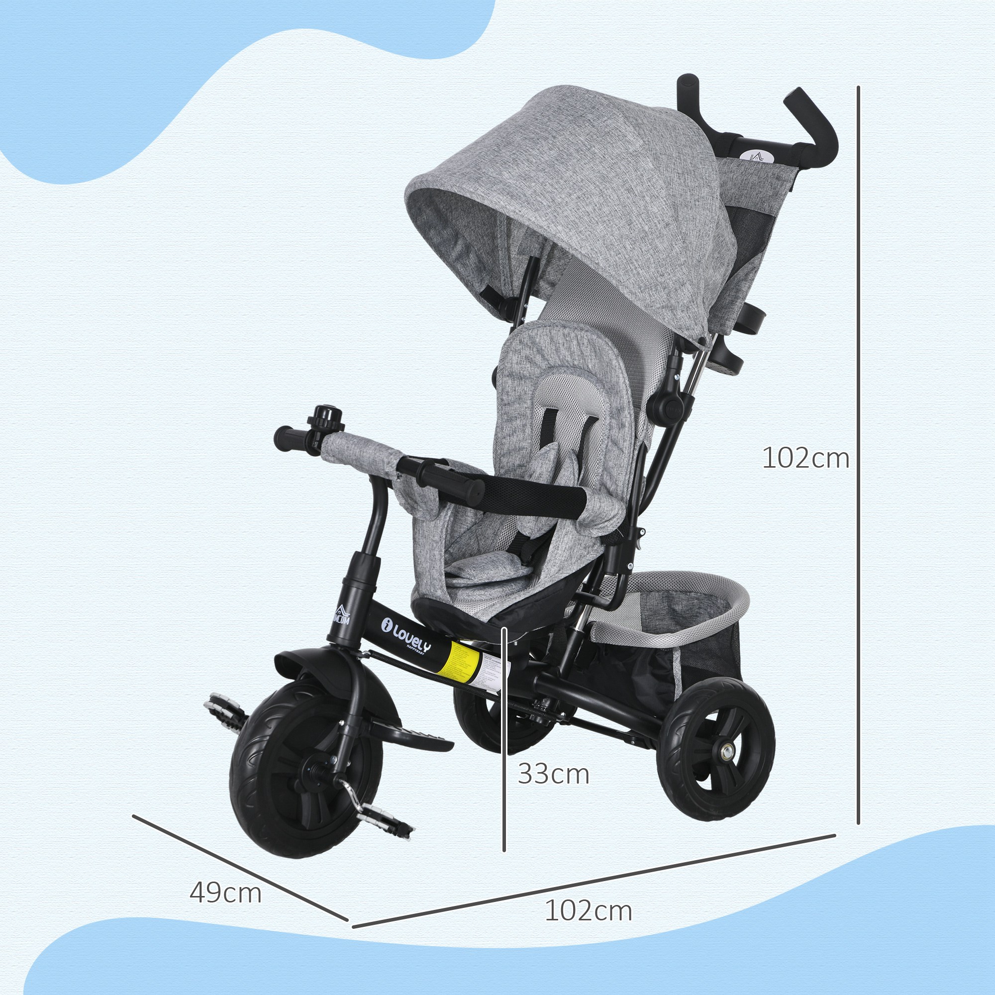 Kinder-Dreirad, Kinderfahrrad, Rückenkorb, Becherhalter, Sonnendach, Metall, Grau