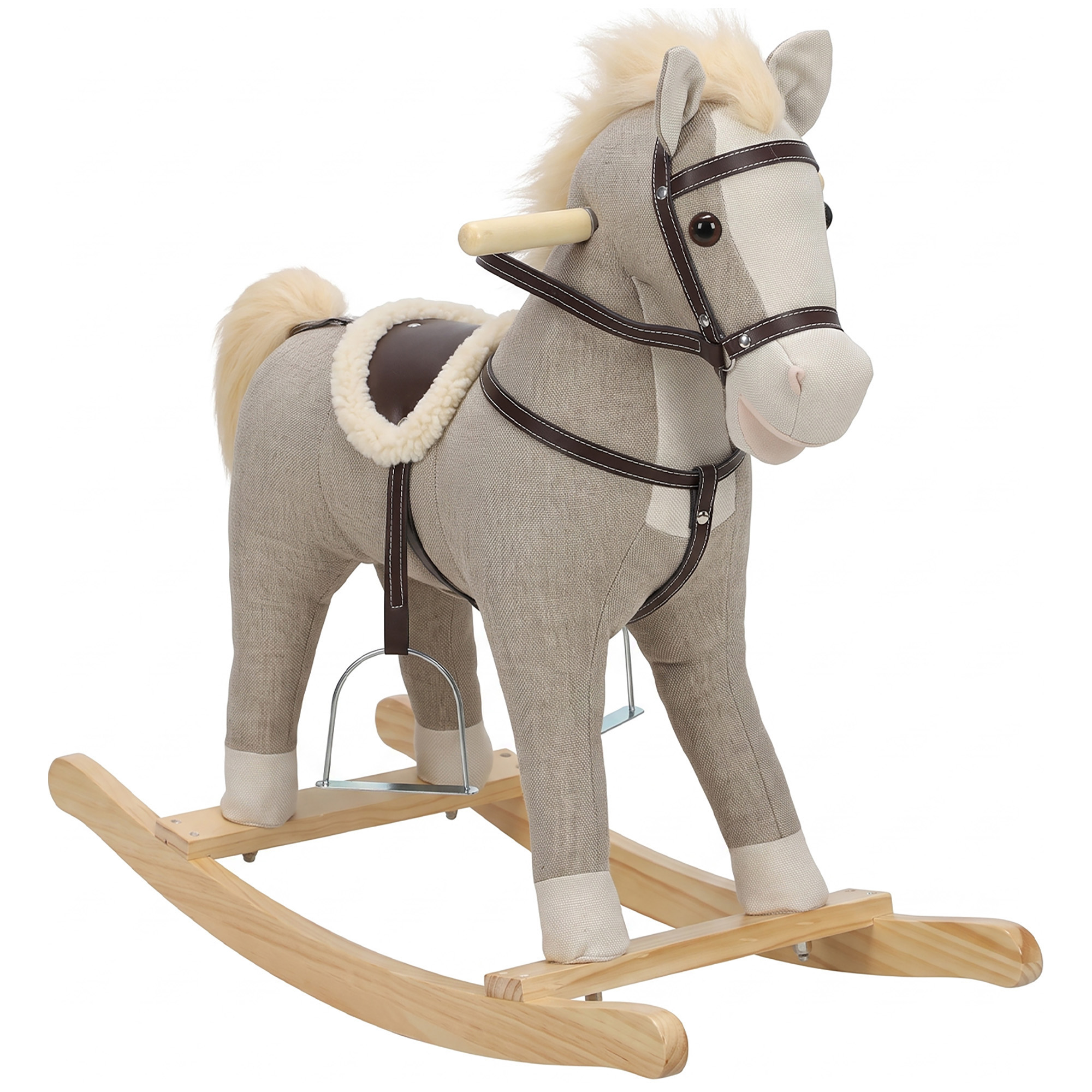 Schaukelpferd mit Sound und Sicherheitsgriffen, Reitpferd mit Holzgestell für Kleinkinder von 12–36 Monaten, Grau