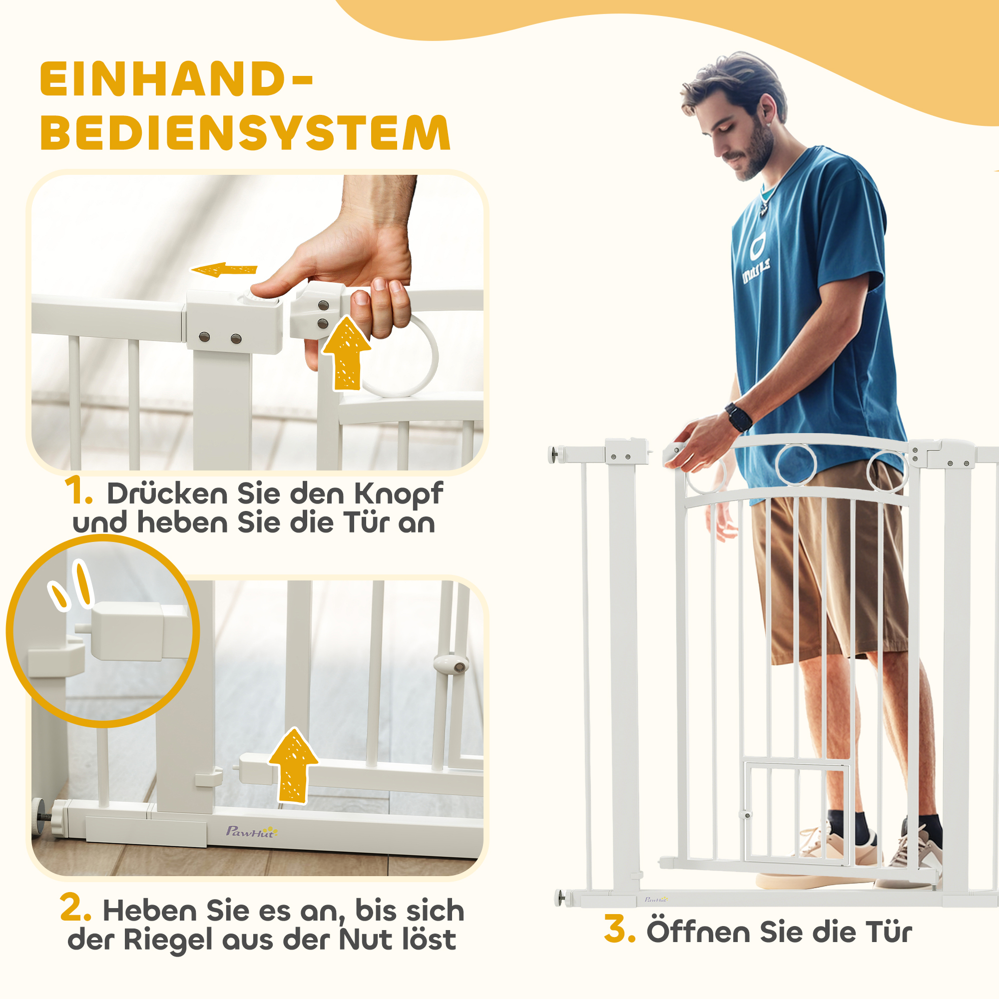 Haustiertor, 96 cm Treppengatter, verstellbare Breite 76-104 cm, mit Katzentür, für Treppen und Türöffnungen, Weiß