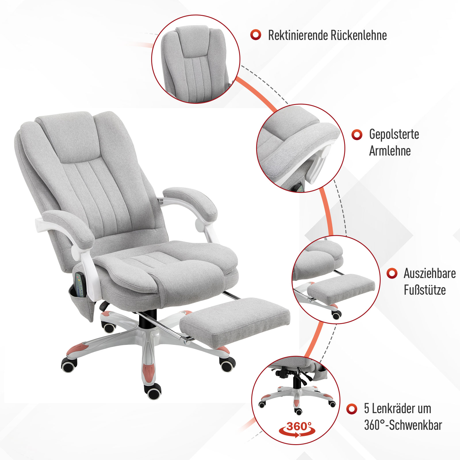 Massage Sessel, Bürostuhl, Gaming Stuhl, Polyester, Schaumstoff, Nylon, Grau, 66 x 63 x 107-115 cm