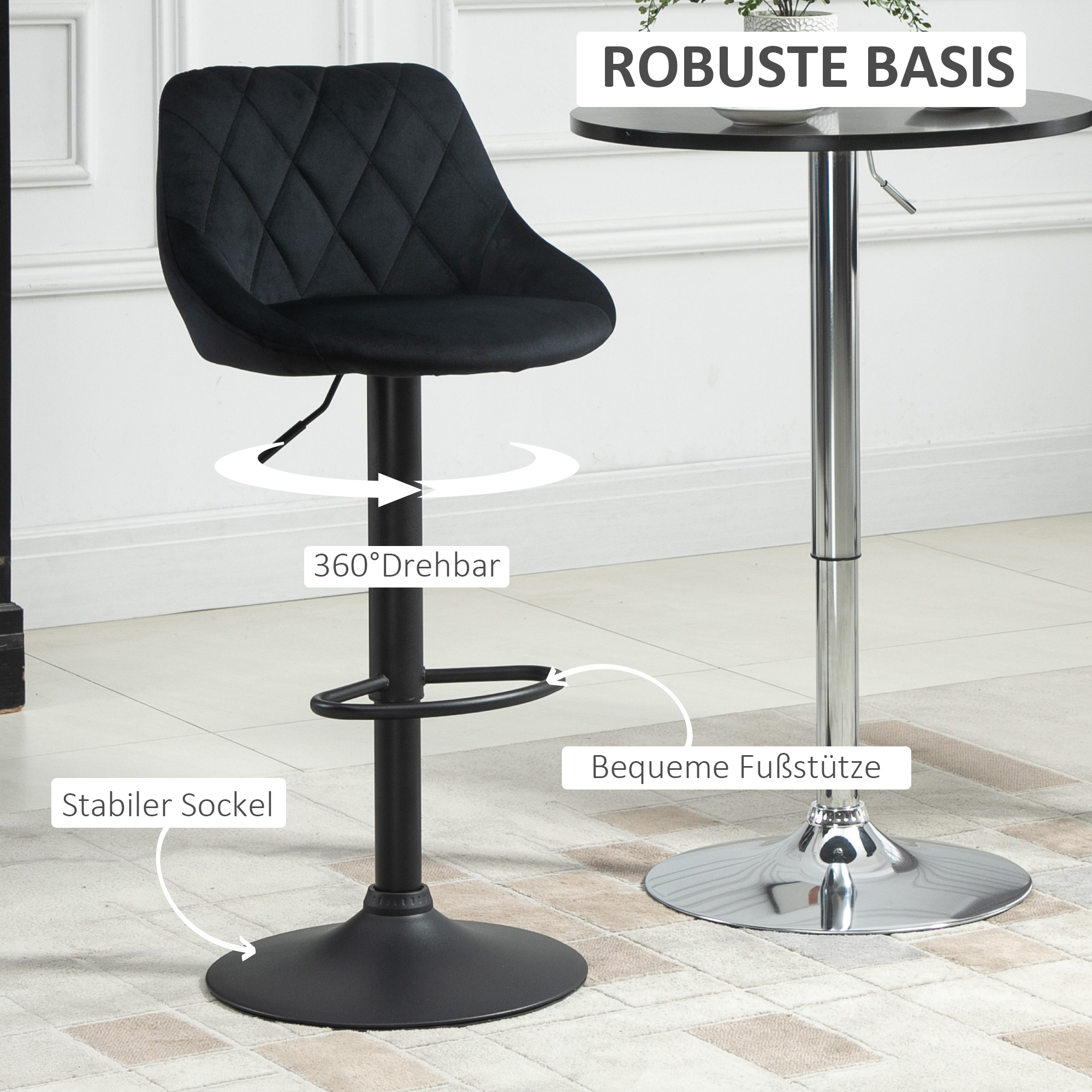 Barhocker 2er Set Höhenverstellbar Drehbar Barstühle mit Samtoptik Tresenhocker mit Rückenlehne mit Diamant-Tufting und Fußstütze für Bar, Theke, Esszimmer, Stahl Schwarz