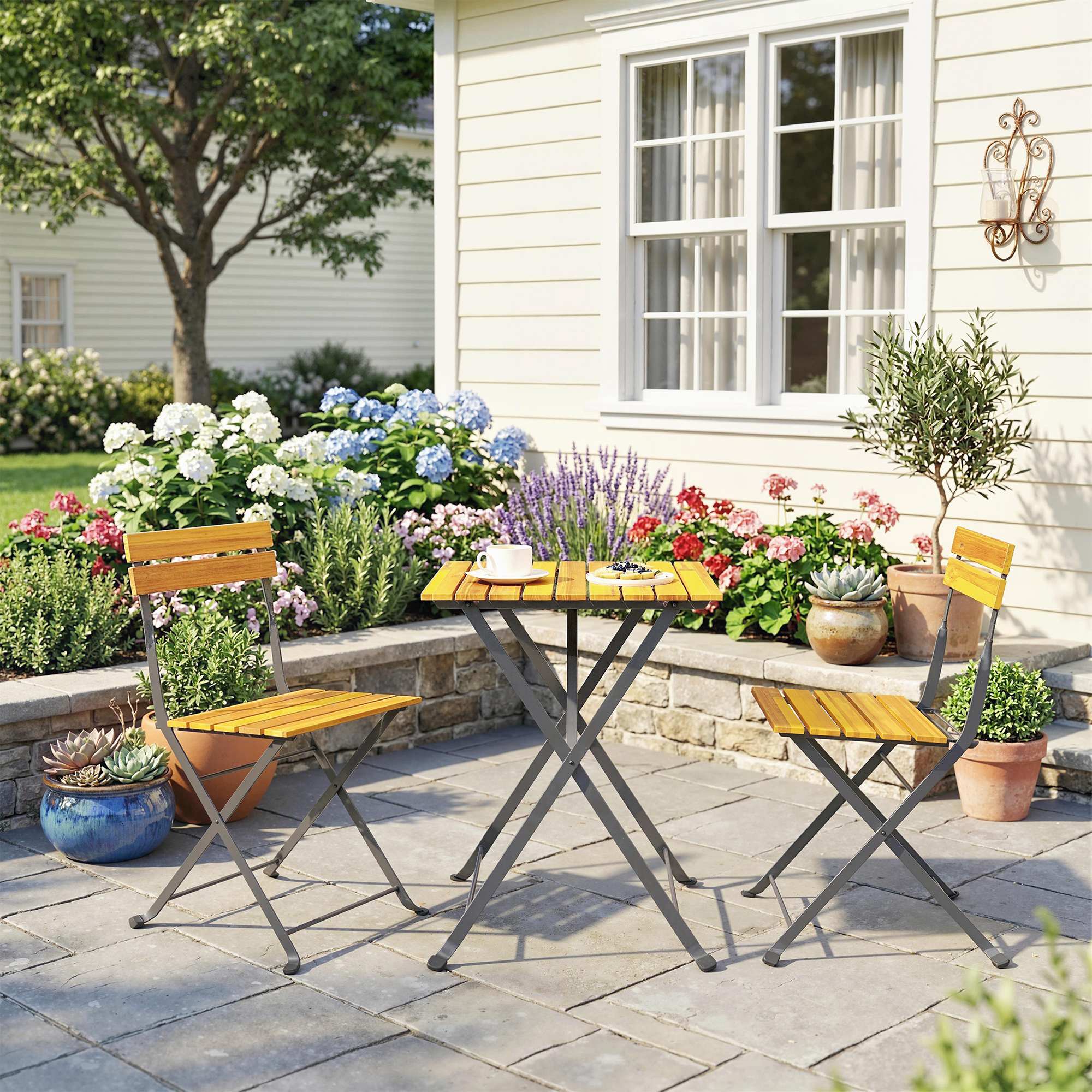 Sitzgruppe 3 tlg. Essgruppe für 2 Personen klappbarer Esstisch mit 2 klappbare Stühle für Terrasse Balkon Teak