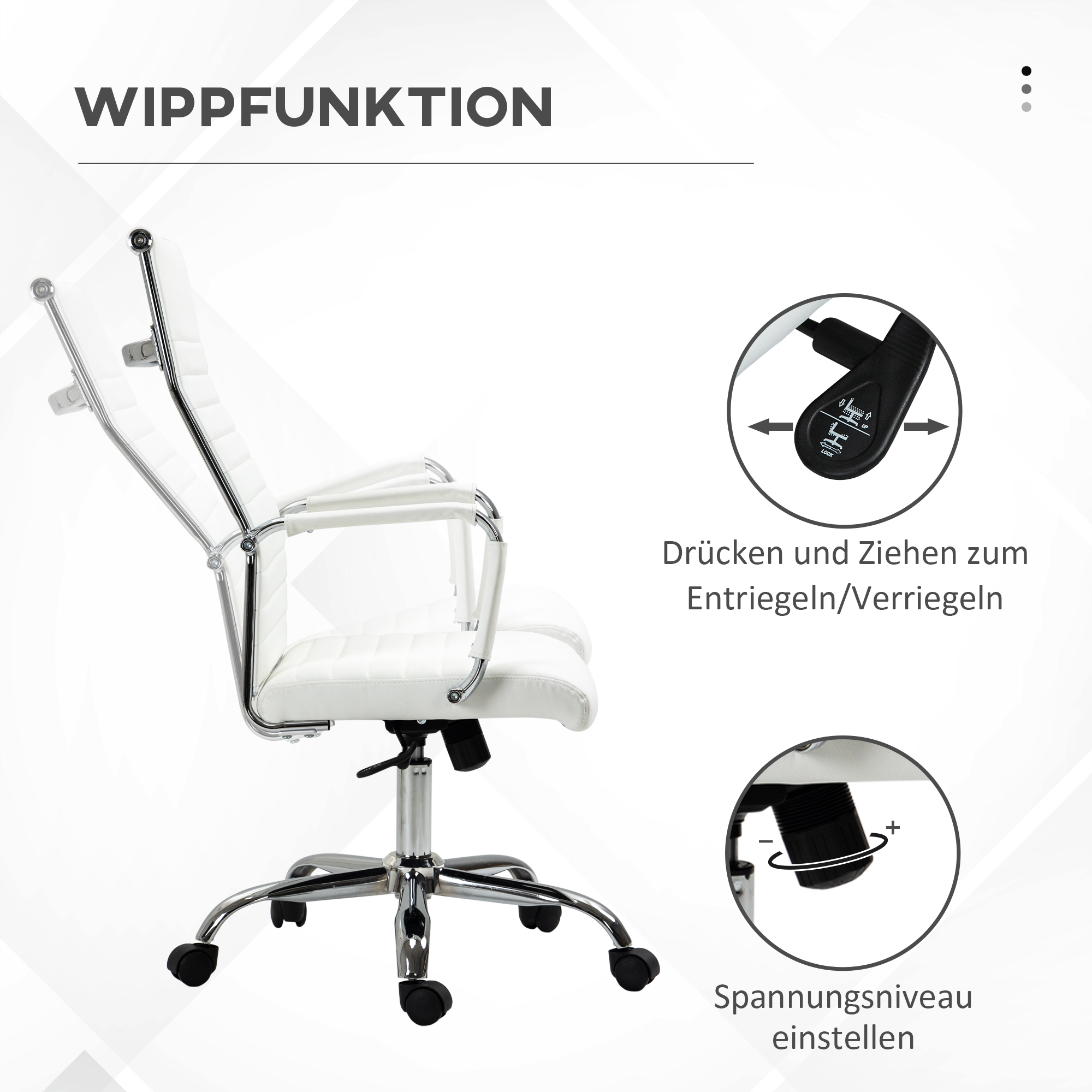 Bürostuhl ergonomischer Schreibtischstuhl mit Wippfunktion Chefsessel höhenverstellbarer Drehstuhl gepolstert Kunstleder Schaumstoff Weiß 54 x 62 x 104-114 cm