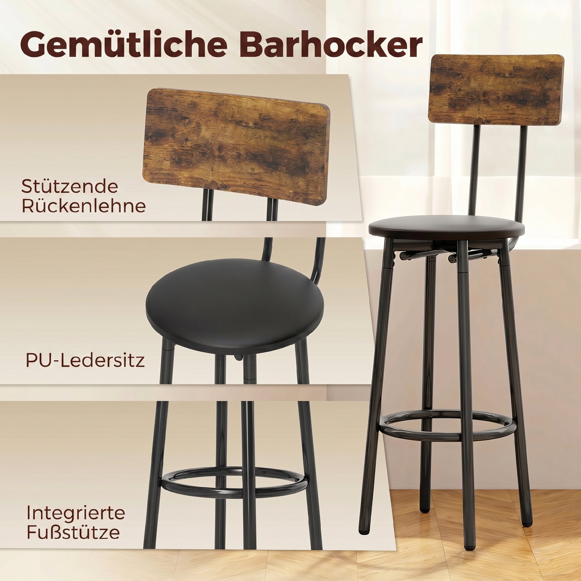 Industrie-Bartisch-Set mit 2 gepolsterten Hockern, Fußstützen, Metallrahmen, Küchentisch mit Ablage, Rustikal Braun