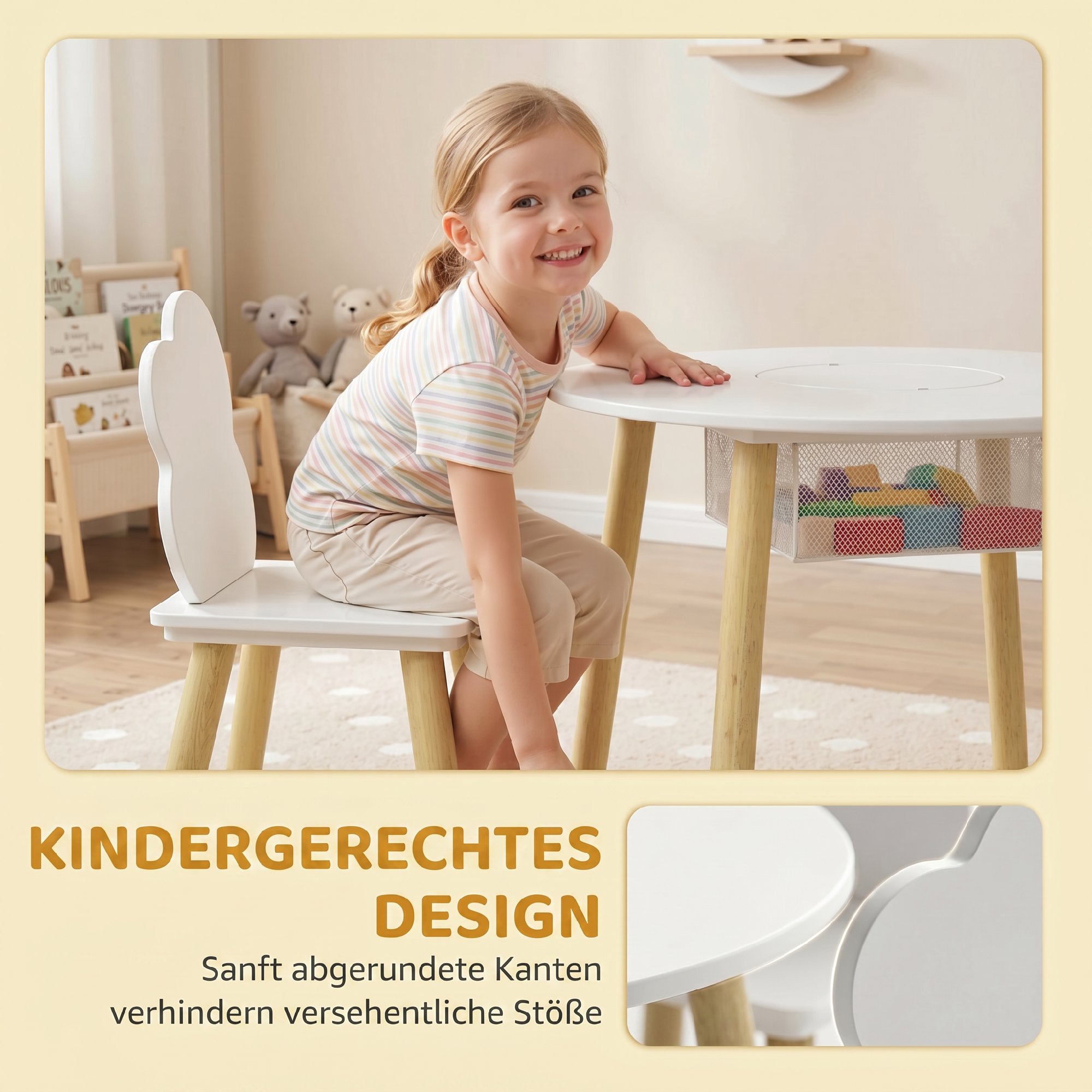 Kindertisch mit Stühlen und Aufbewahrung, 3-teiliges Kinder-Möbelset in Weiß und Natur für Spielzimmer und Kinderzimmer
